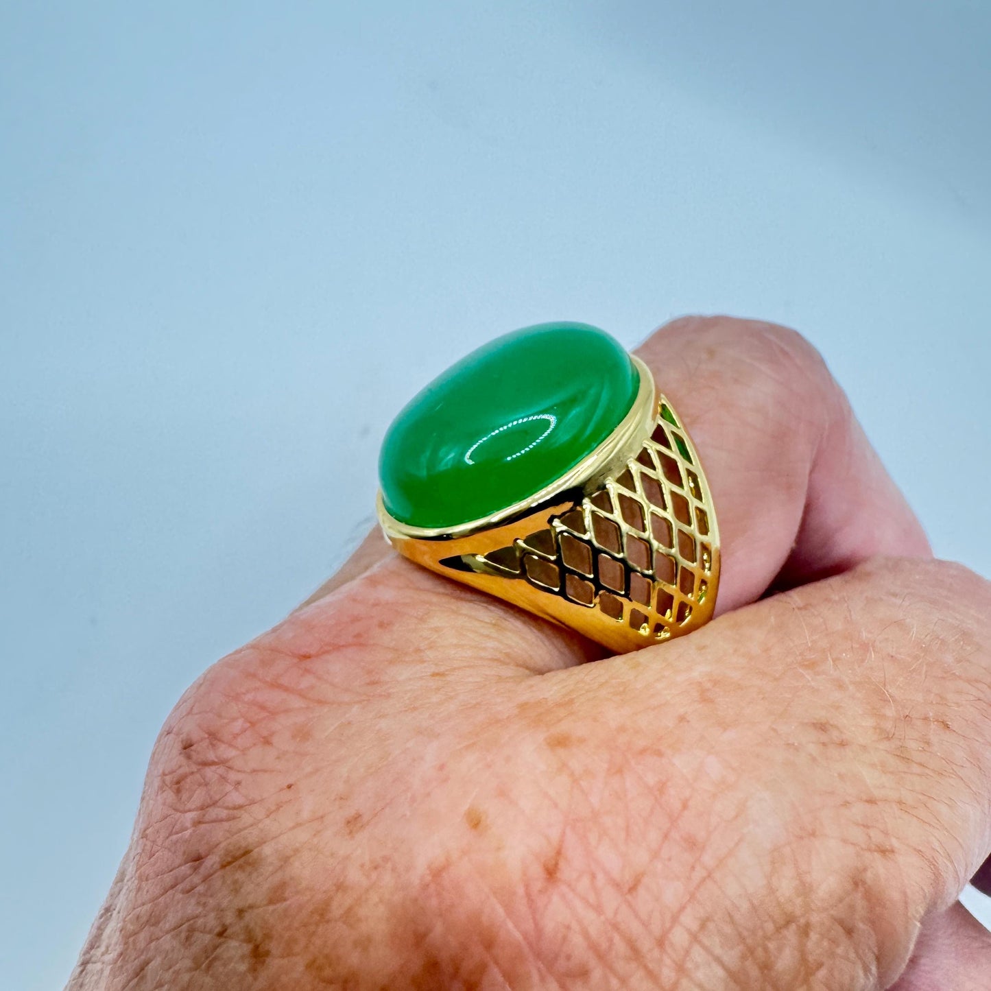 Vintage Green Fun Jade Golden Finished Bronze Mens Ring