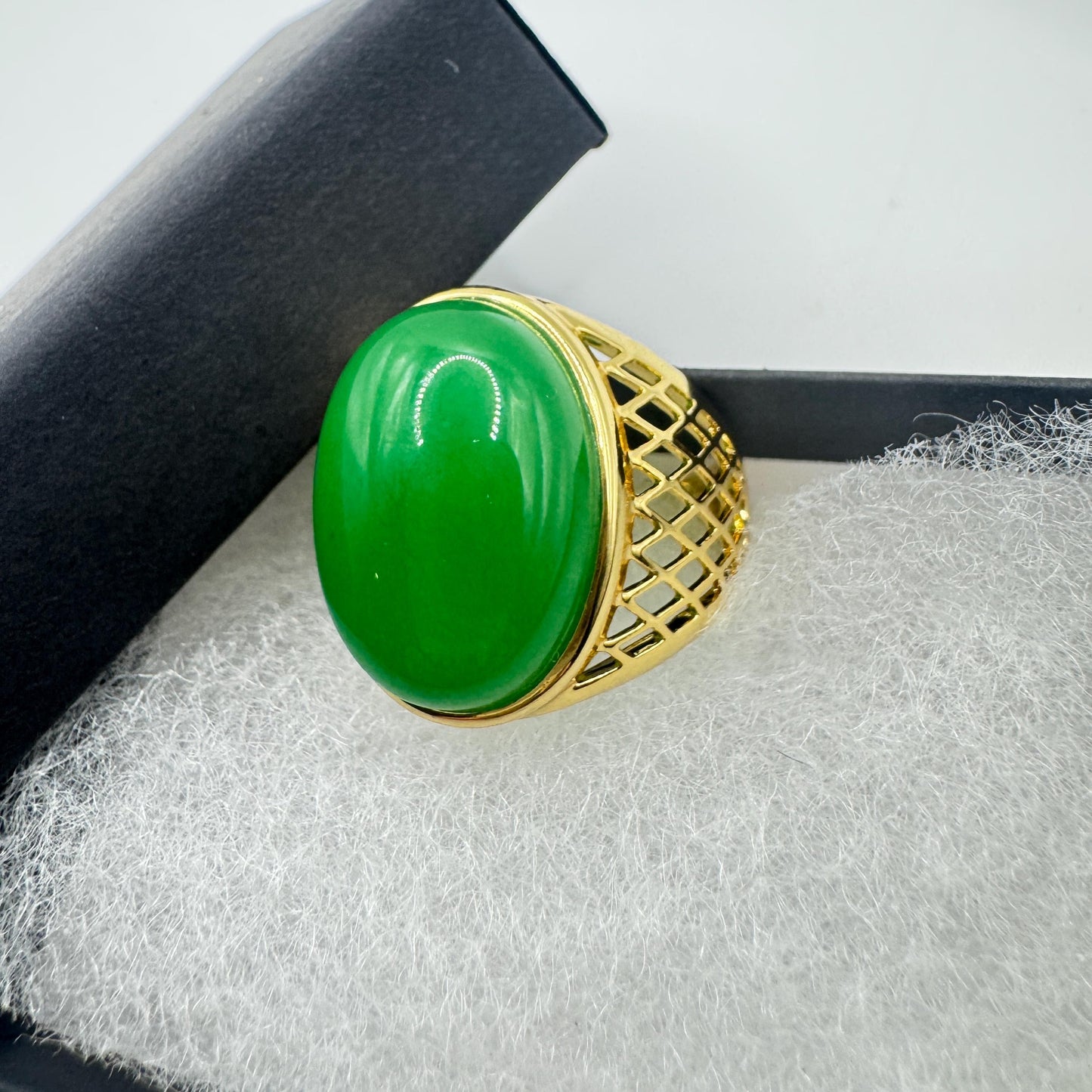 Vintage Green Fun Jade Golden Finished Bronze Mens Ring