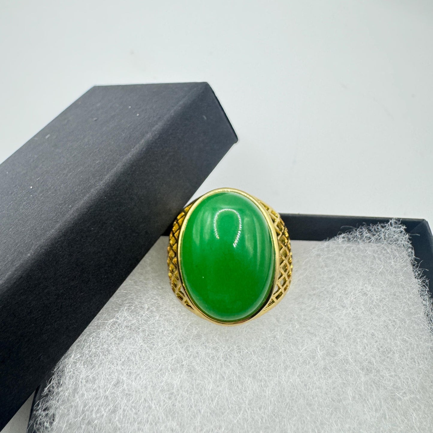 Vintage Green Fun Jade Golden Finished Bronze Mens Ring