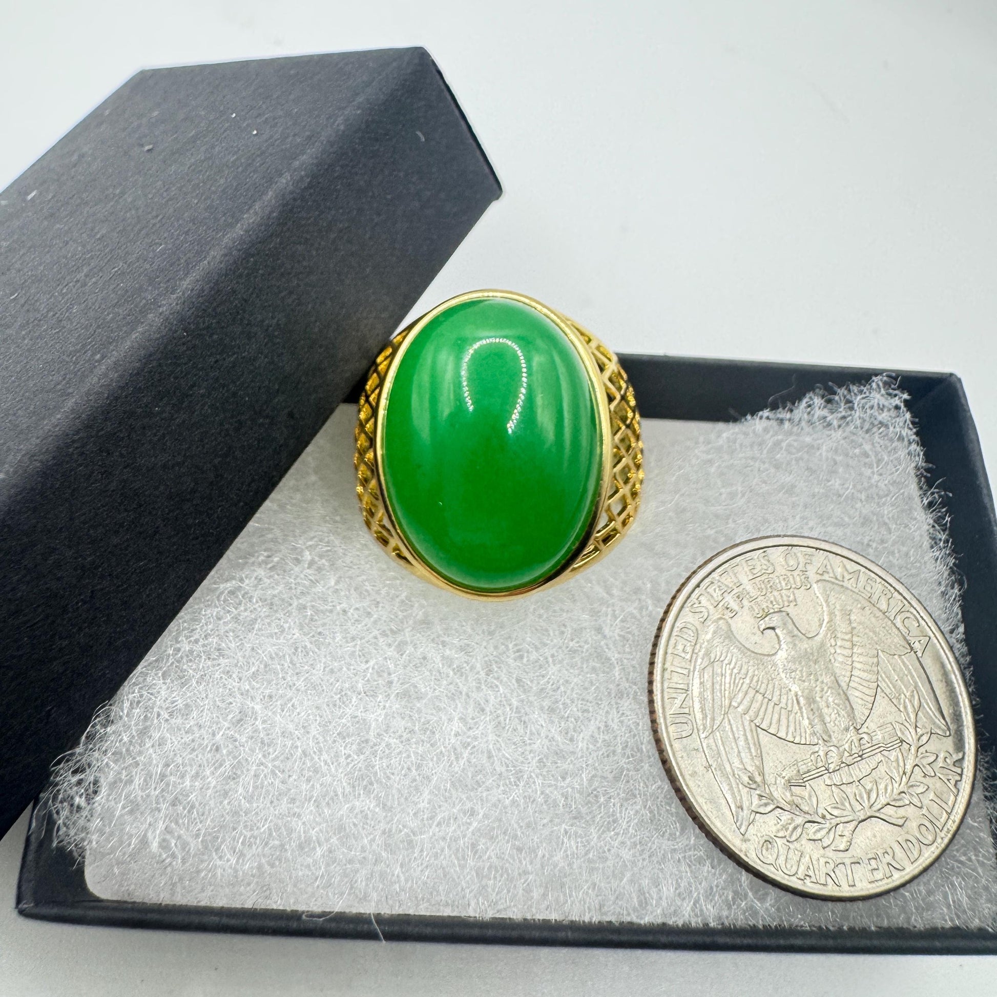 Vintage Green Fun Jade Golden Finished Bronze Mens Ring