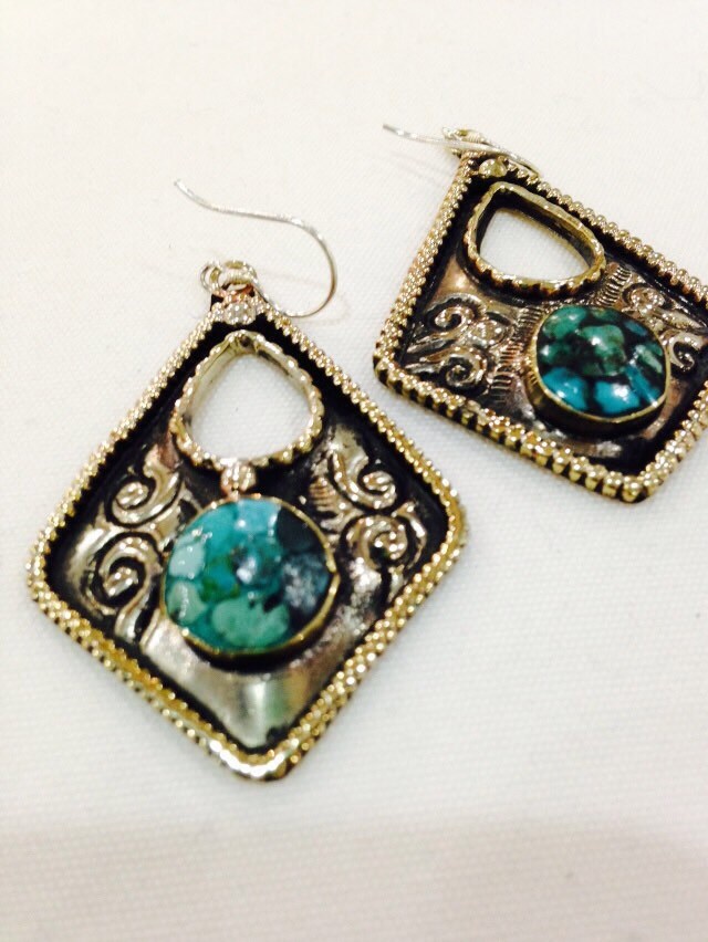 Turquoise Charm Bronze Dangle Earrings