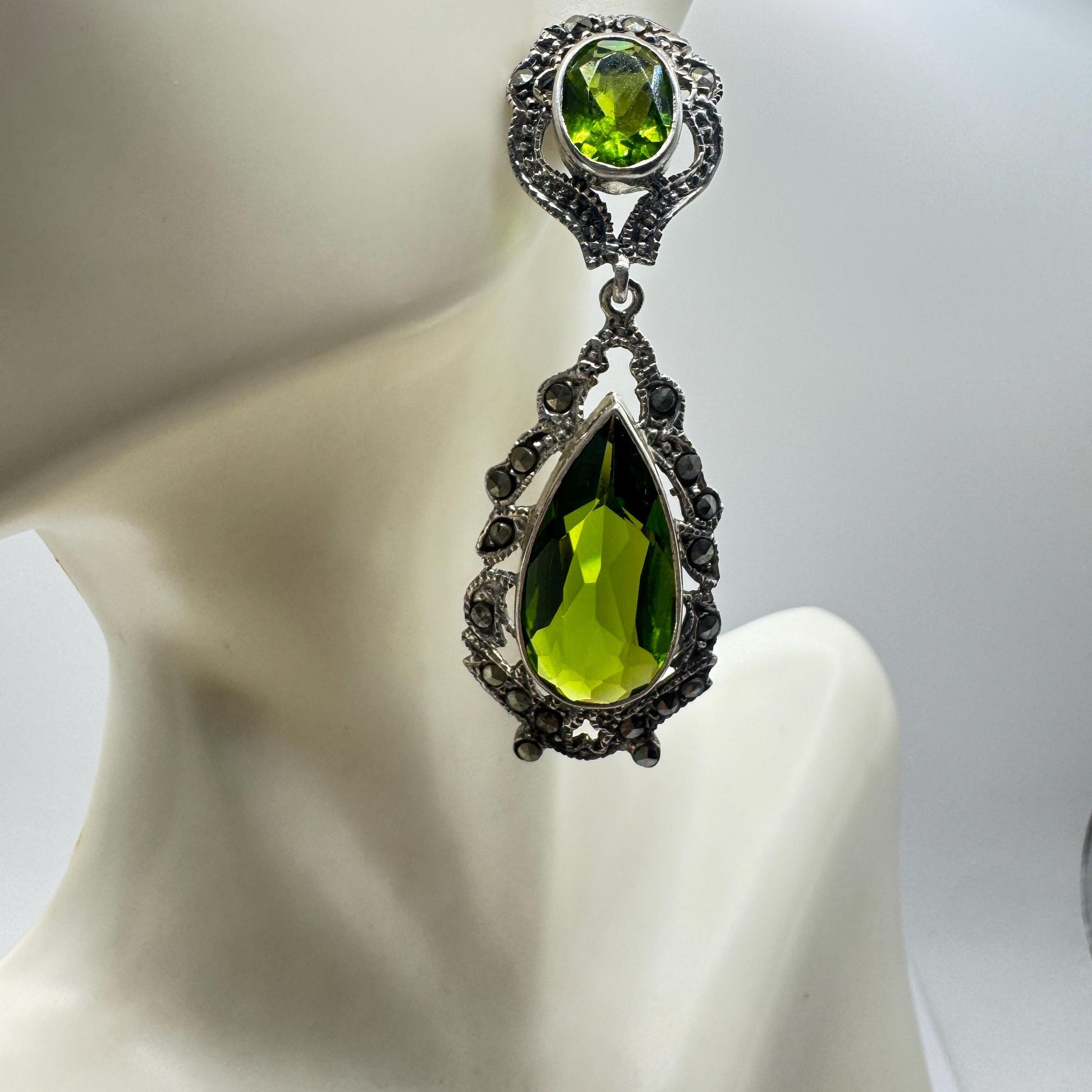 Antique Vintage Green Peridot Glass Silver Dangle Earrings
