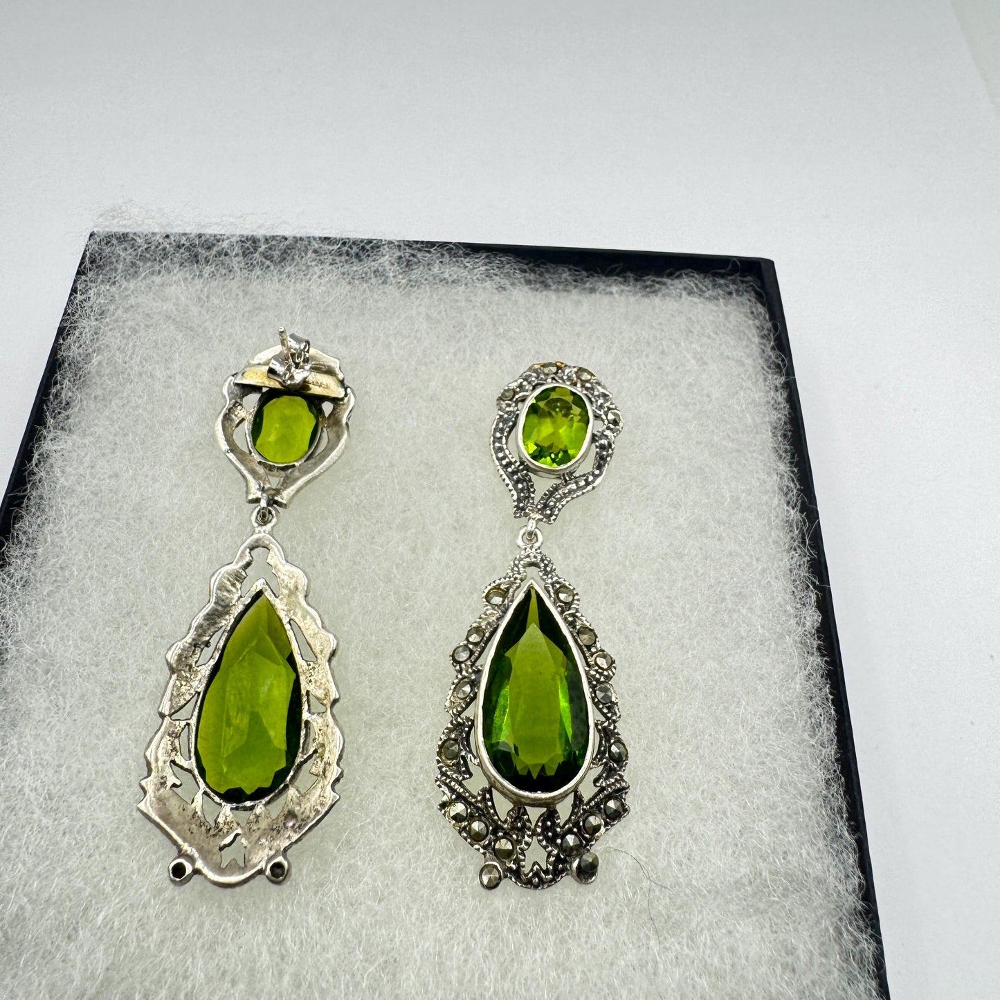 Antique Vintage Green Peridot Glass Silver Dangle Earrings