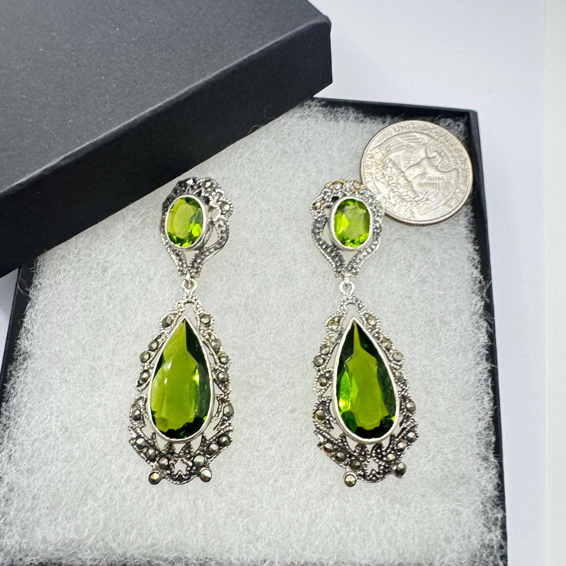 Antique Vintage Green Peridot Glass Silver Dangle Earrings