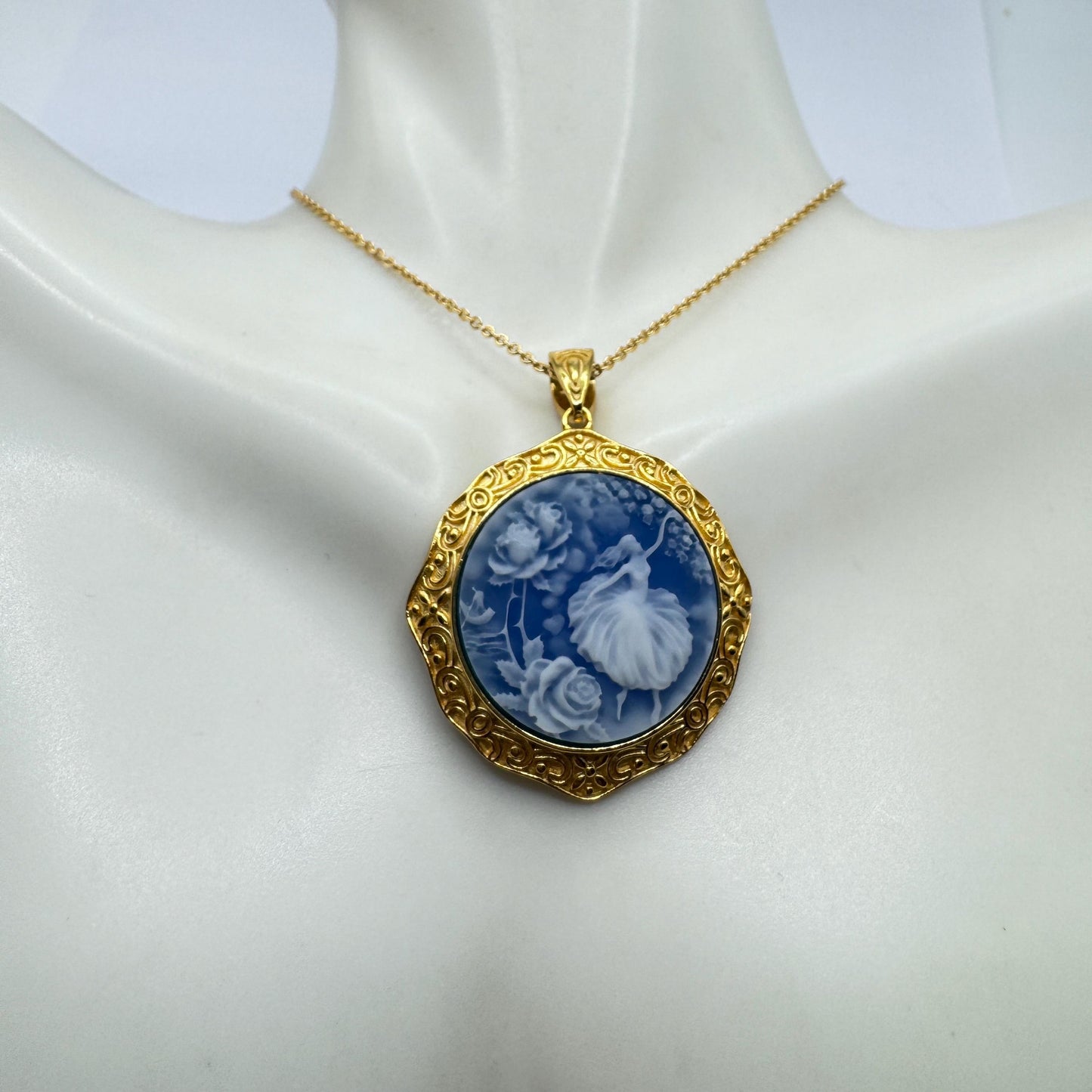 Vintage Blue Ballerina Cameo Flowers Gold 925 Sterling Silver Necklace Choker