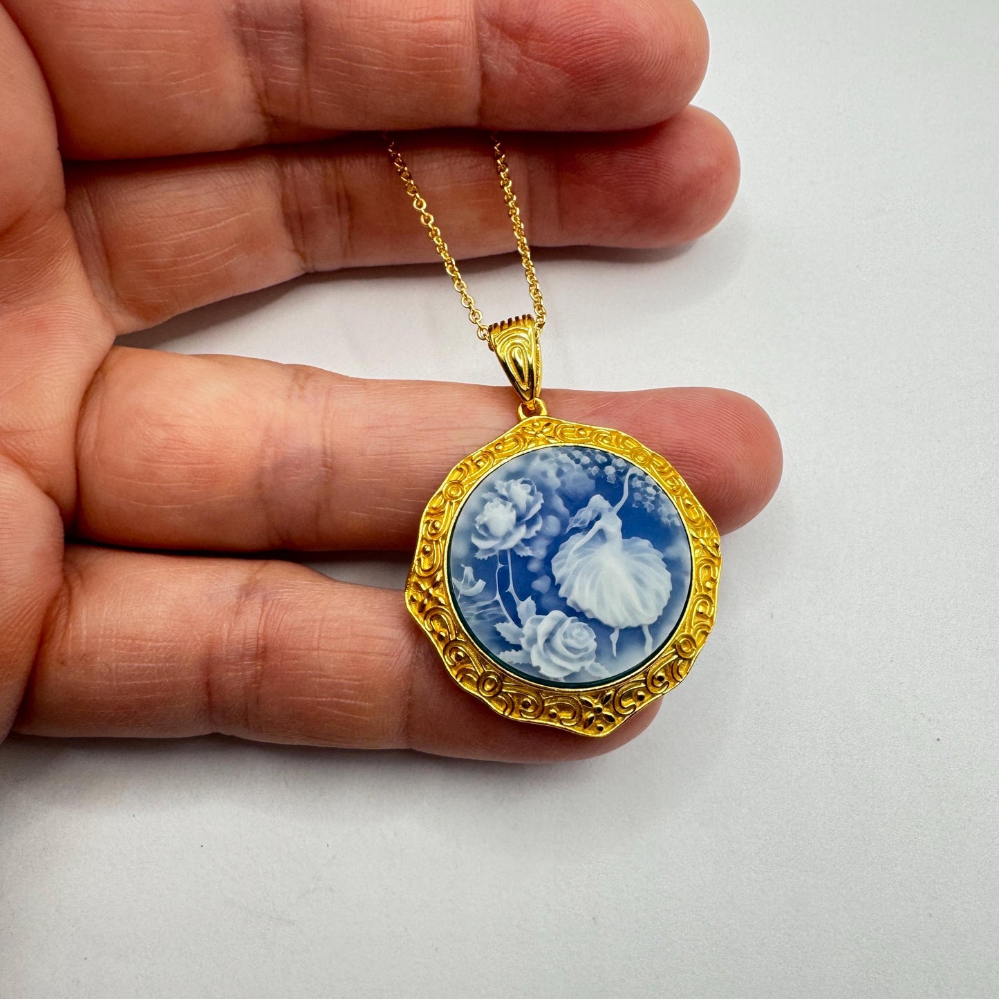 Vintage Blue Ballerina Cameo Flowers Gold 925 Sterling Silver Necklace Choker
