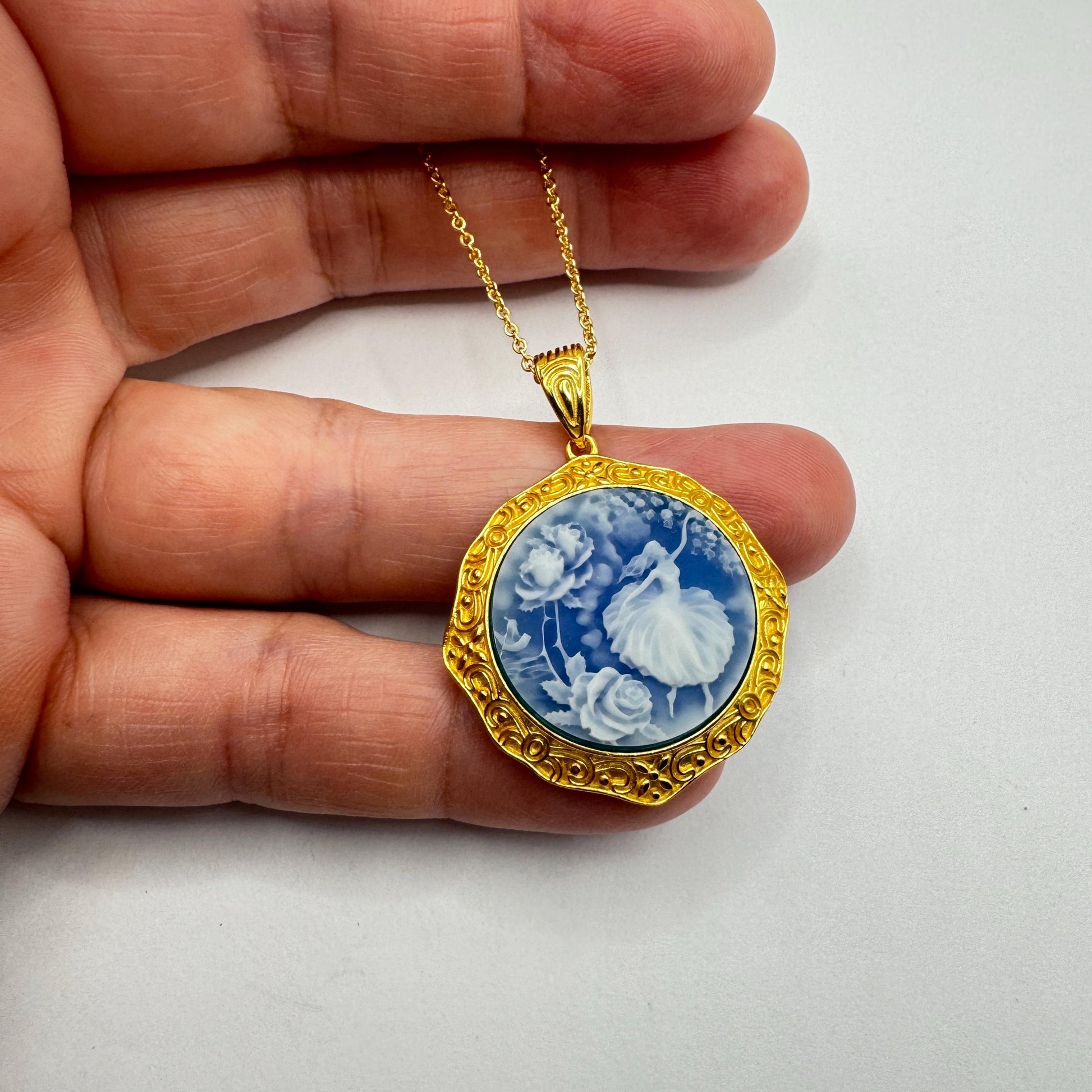 Vintage Blue Ballerina Cameo Flowers Gold 925 Sterling Silver Necklace Choker