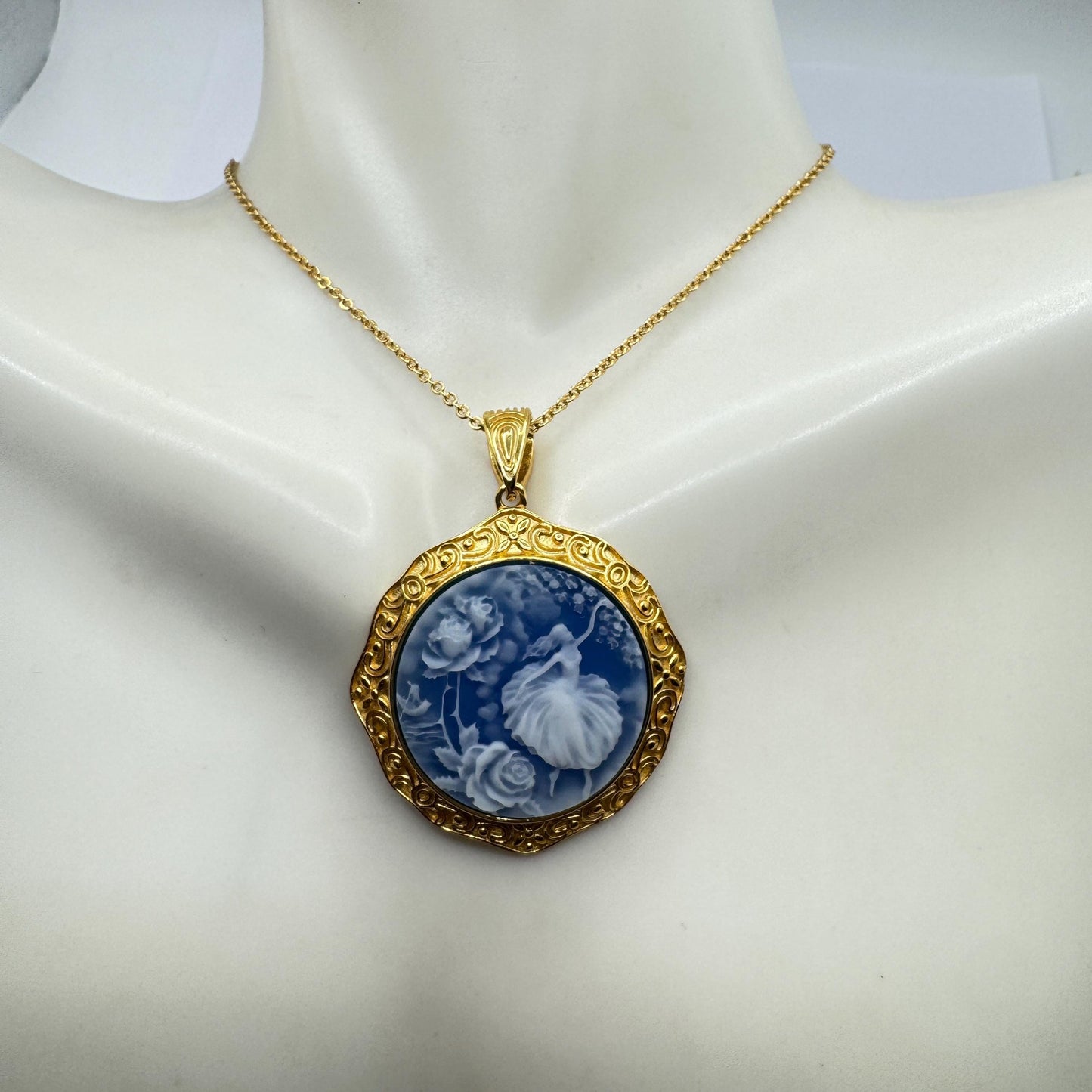 Vintage Blue Ballerina Cameo Flowers Gold 925 Sterling Silver Necklace Choker