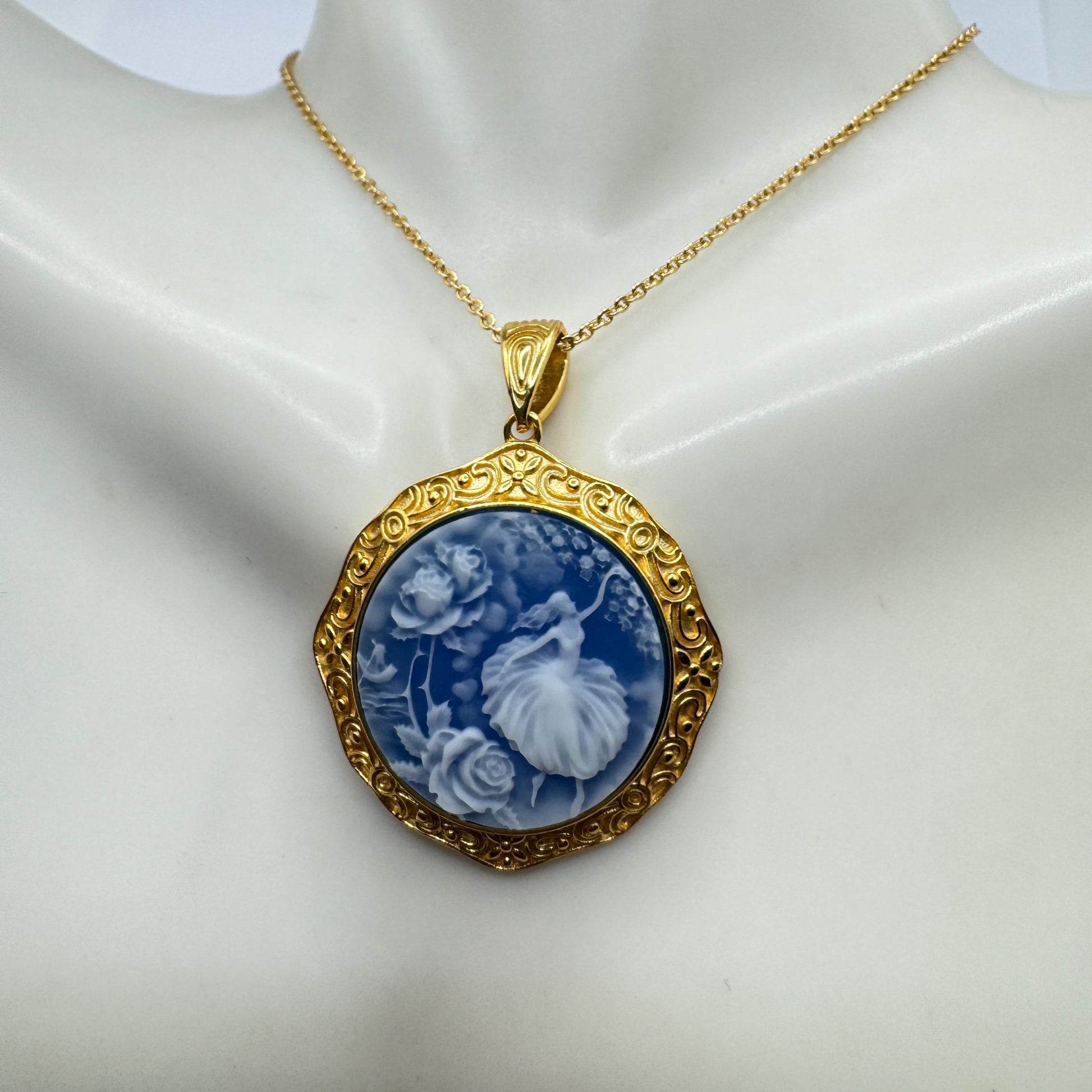 Vintage Blue Ballerina Cameo Flowers Gold 925 Sterling Silver Necklace Choker