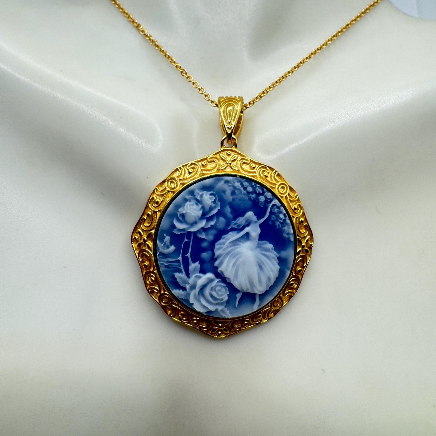 Vintage Blue Ballerina Cameo Flowers Gold 925 Sterling Silver Necklace Choker