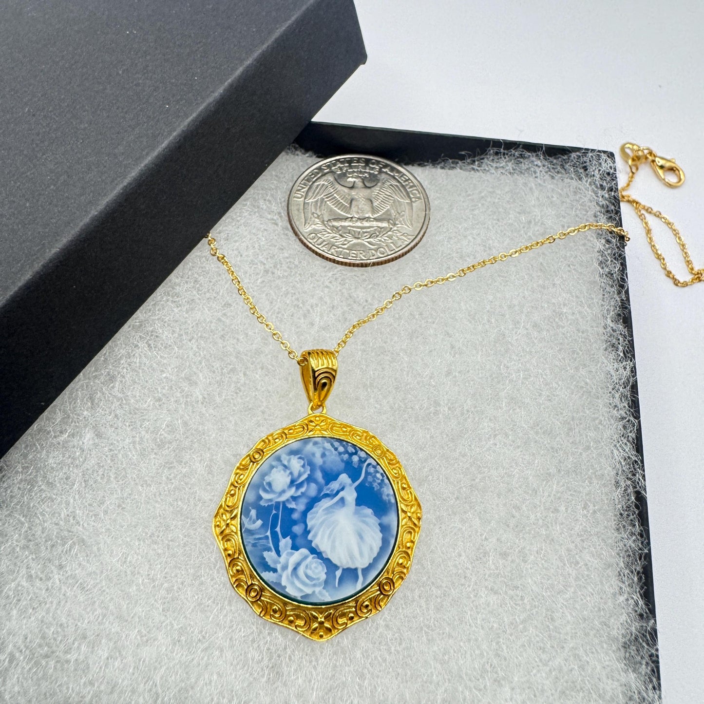 Vintage Blue Ballerina Cameo Flowers Gold 925 Sterling Silver Necklace Choker
