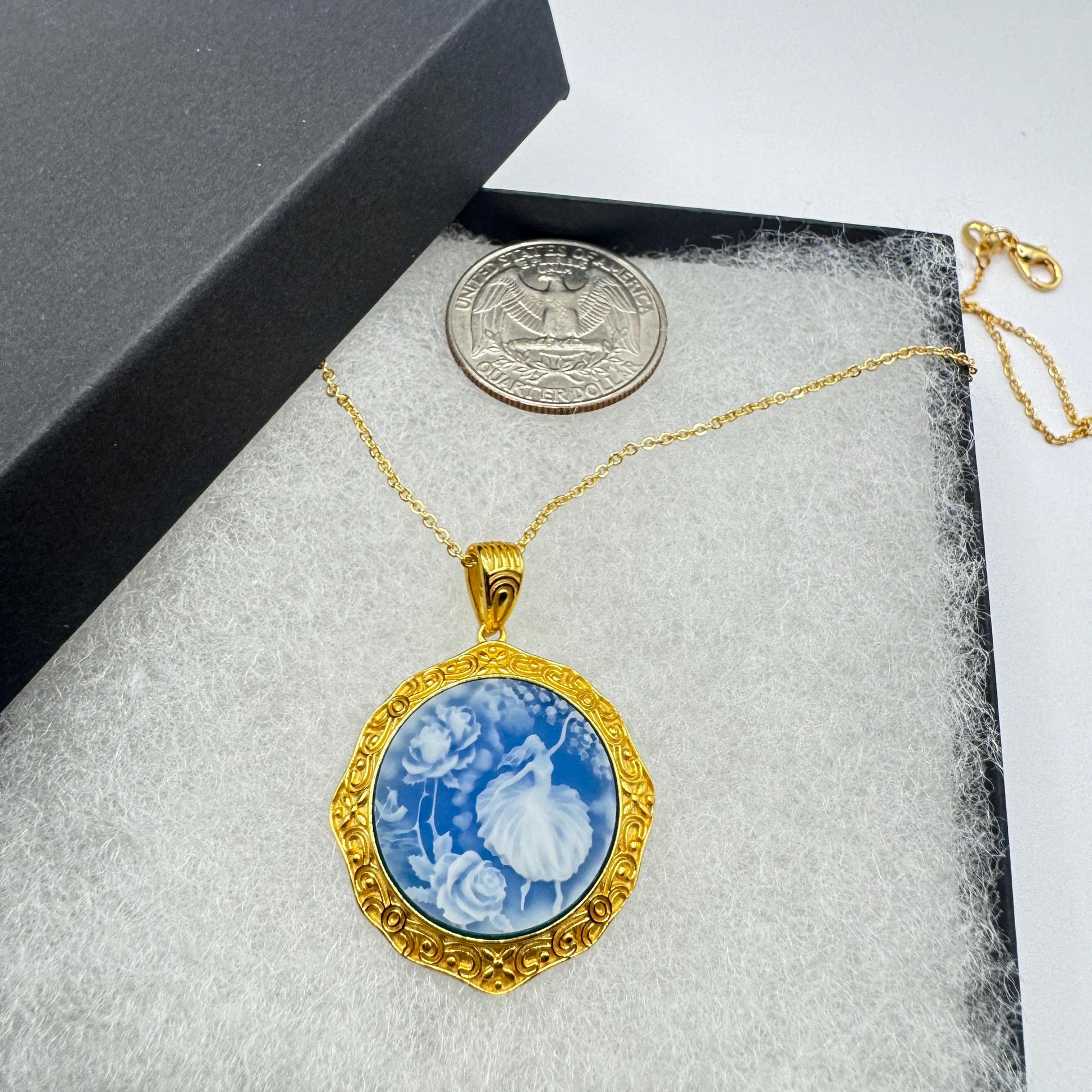 Vintage Blue Ballerina Cameo Flowers Gold 925 Sterling Silver Necklace Choker