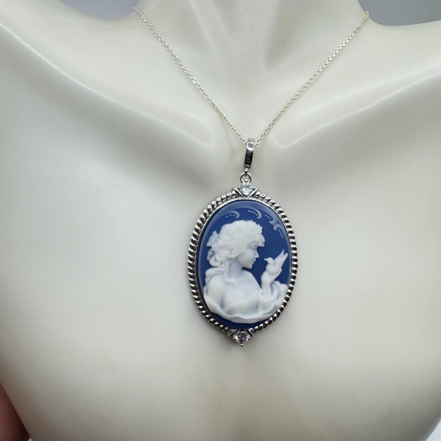 Vintage Moon Goddess Genuine Blue Onyx Cameo Sterling Silver Necklace Choker