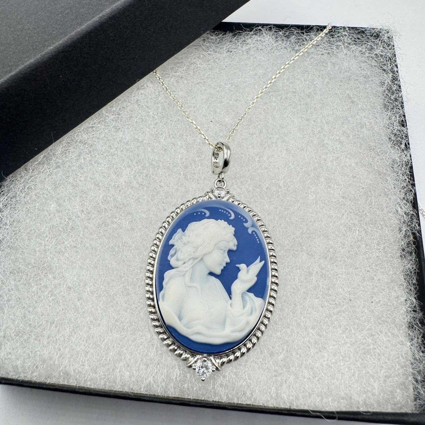 Vintage Moon Goddess Genuine Blue Onyx Cameo Sterling Silver Necklace Choker