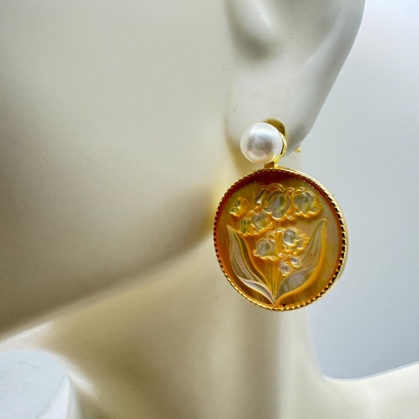 Vintage Abalone Lily Valley Cameo Golden 925 Sterling Silver Earrings