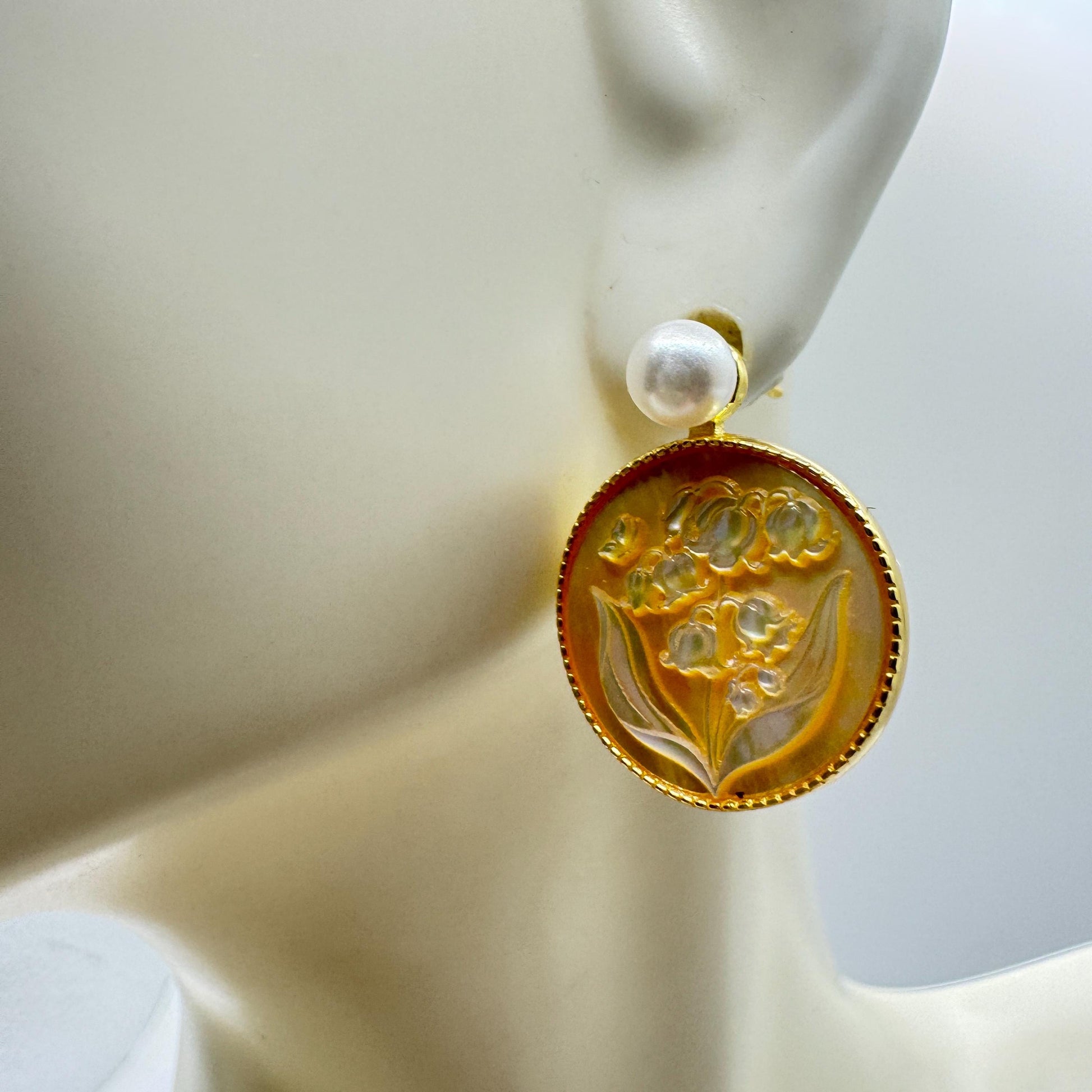 Vintage Abalone Lily Valley Cameo Golden 925 Sterling Silver Earrings