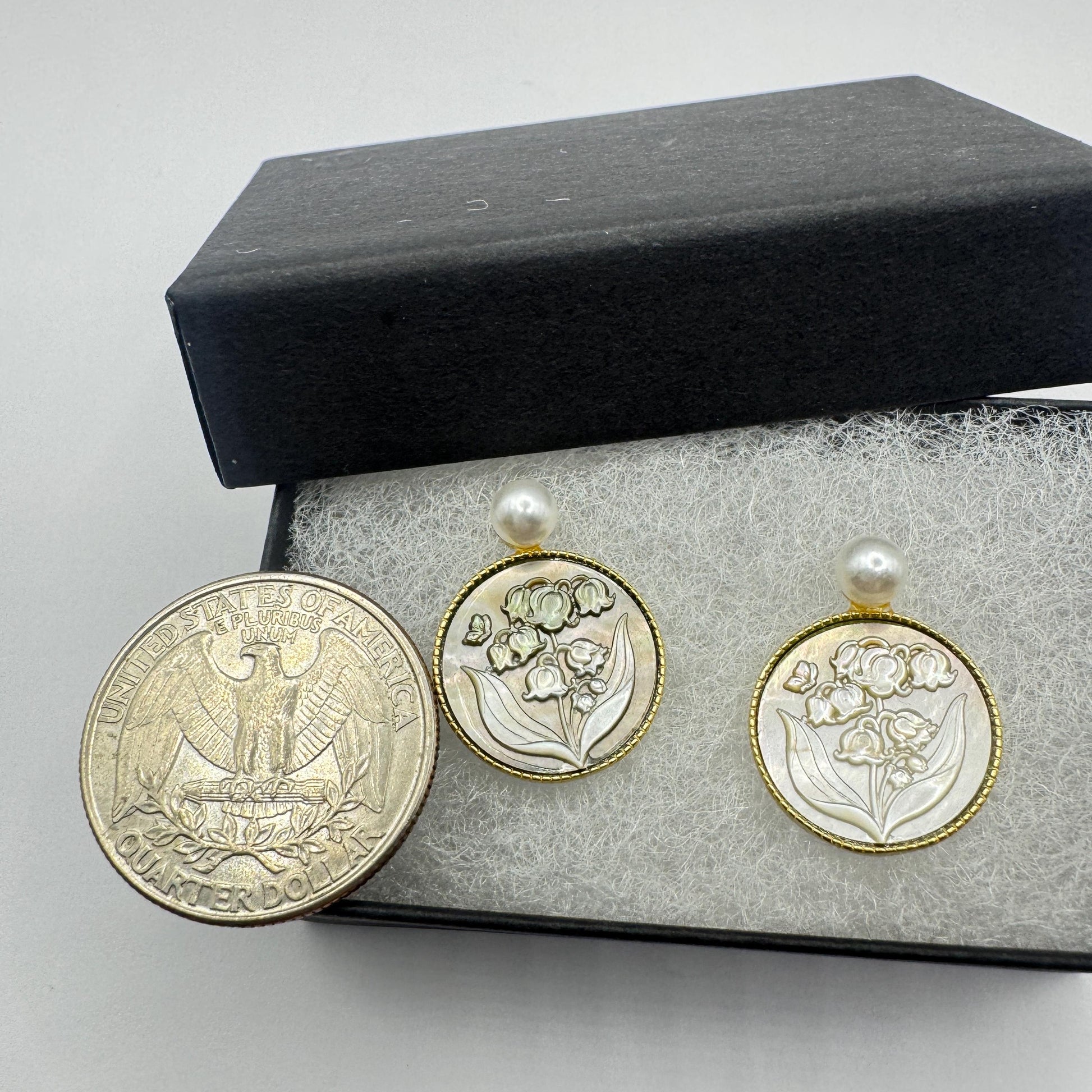 Vintage Abalone Lily Valley Cameo Golden 925 Sterling Silver Earrings