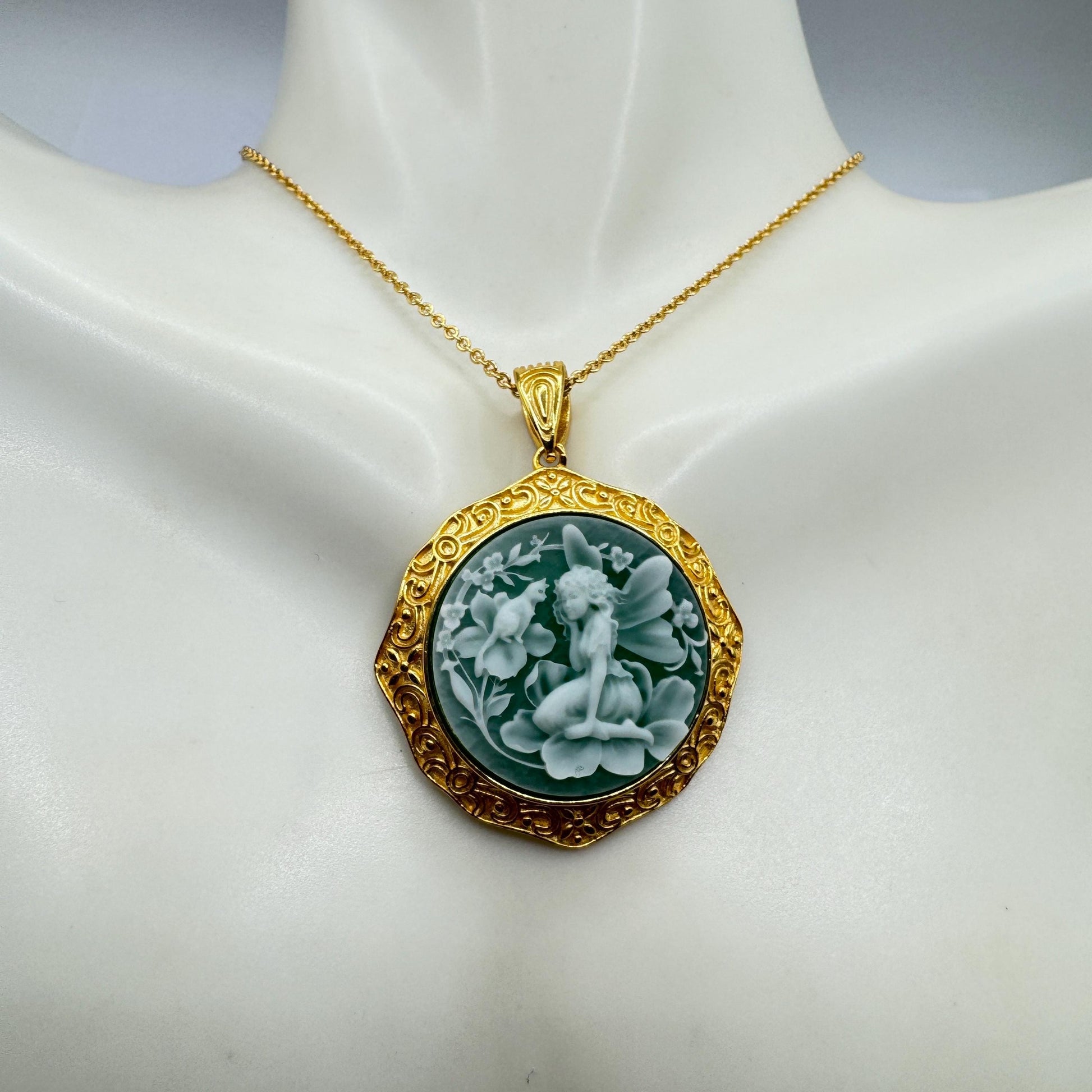 Vintage Fairy Carved Cameo 925 Sterling Silver Necklace Choker