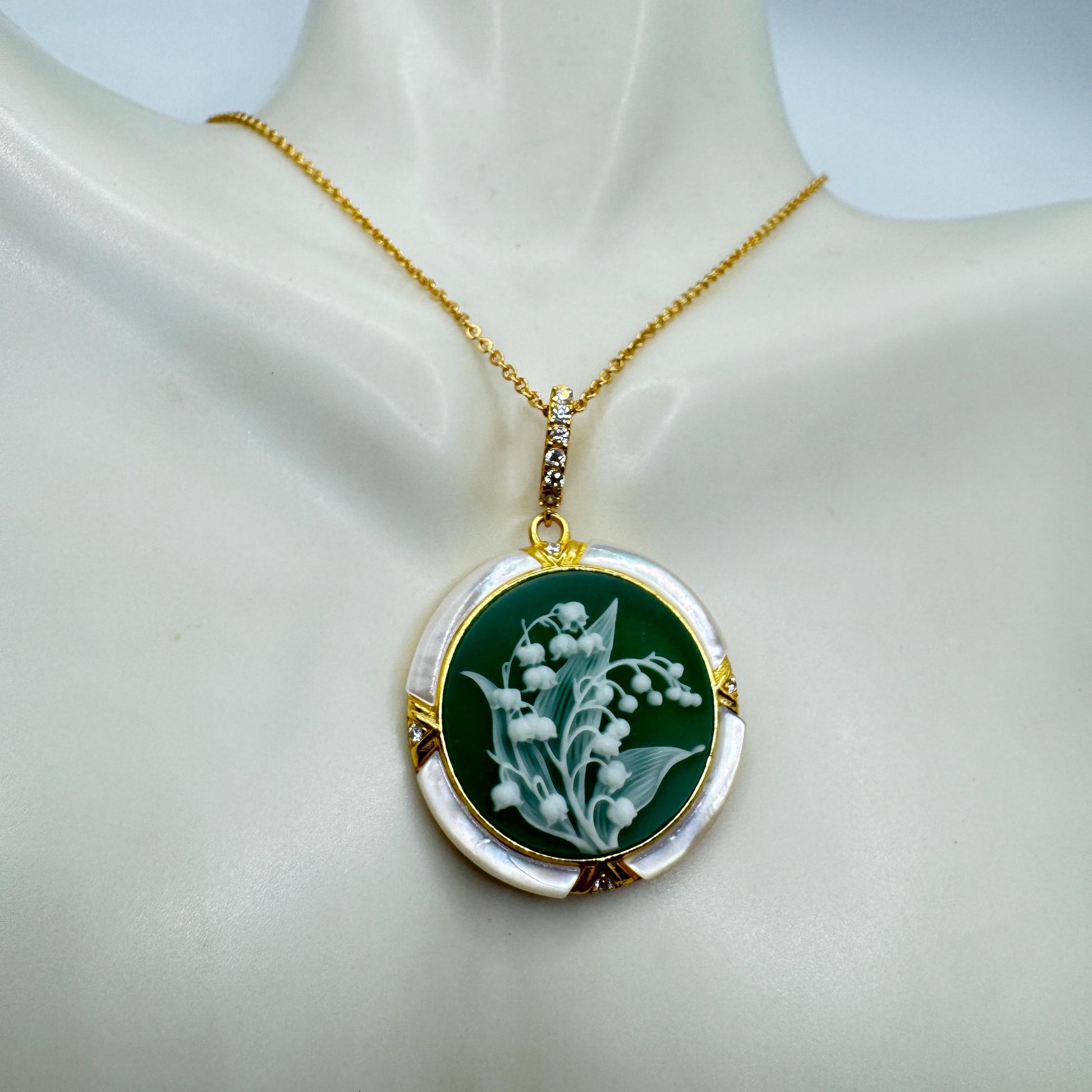 Vintage Lily of the Valley Green Onyx Cameo Choker 925 Sterling Silver Necklace