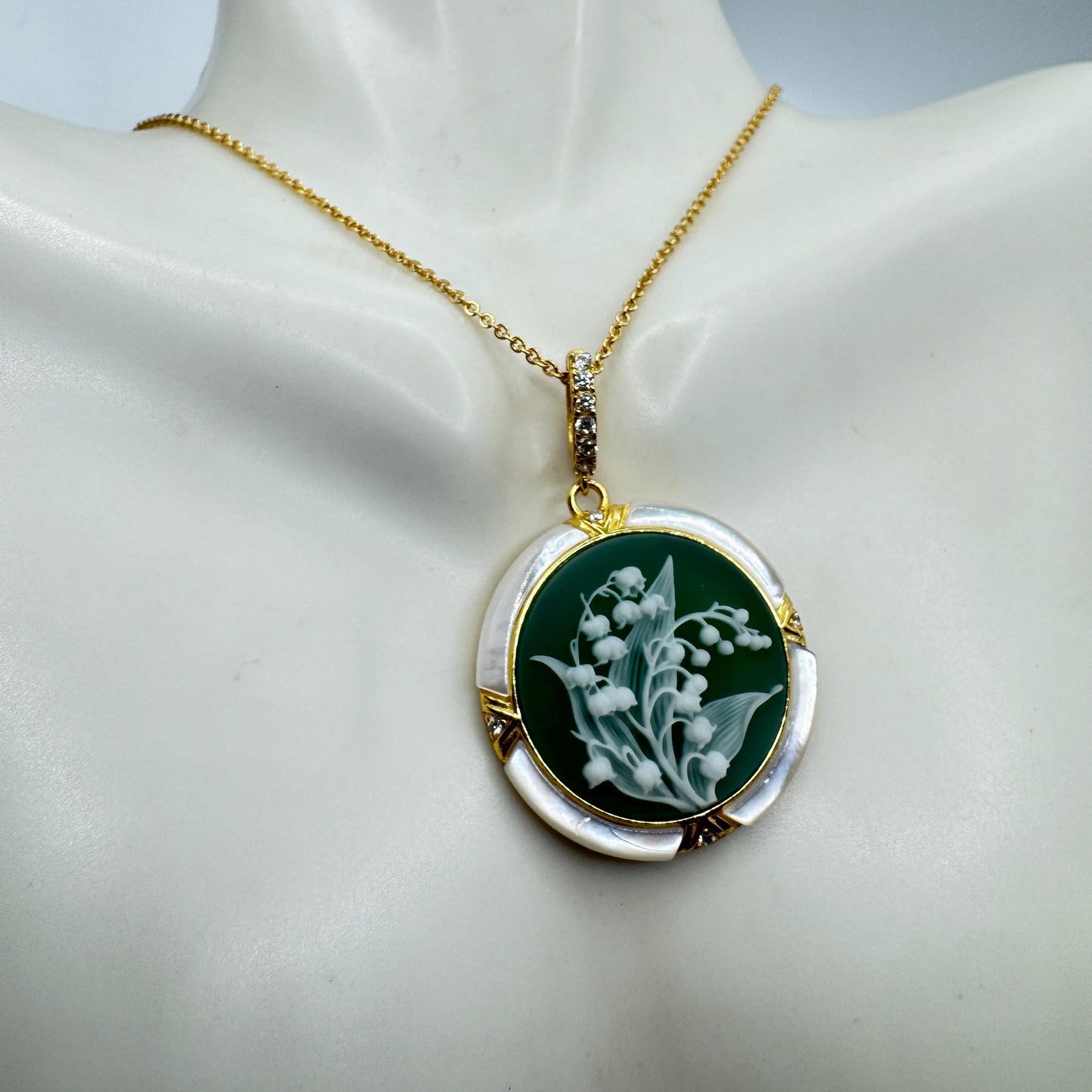 Vintage Lily of the Valley Green Onyx Cameo Choker 925 Sterling Silver Necklace