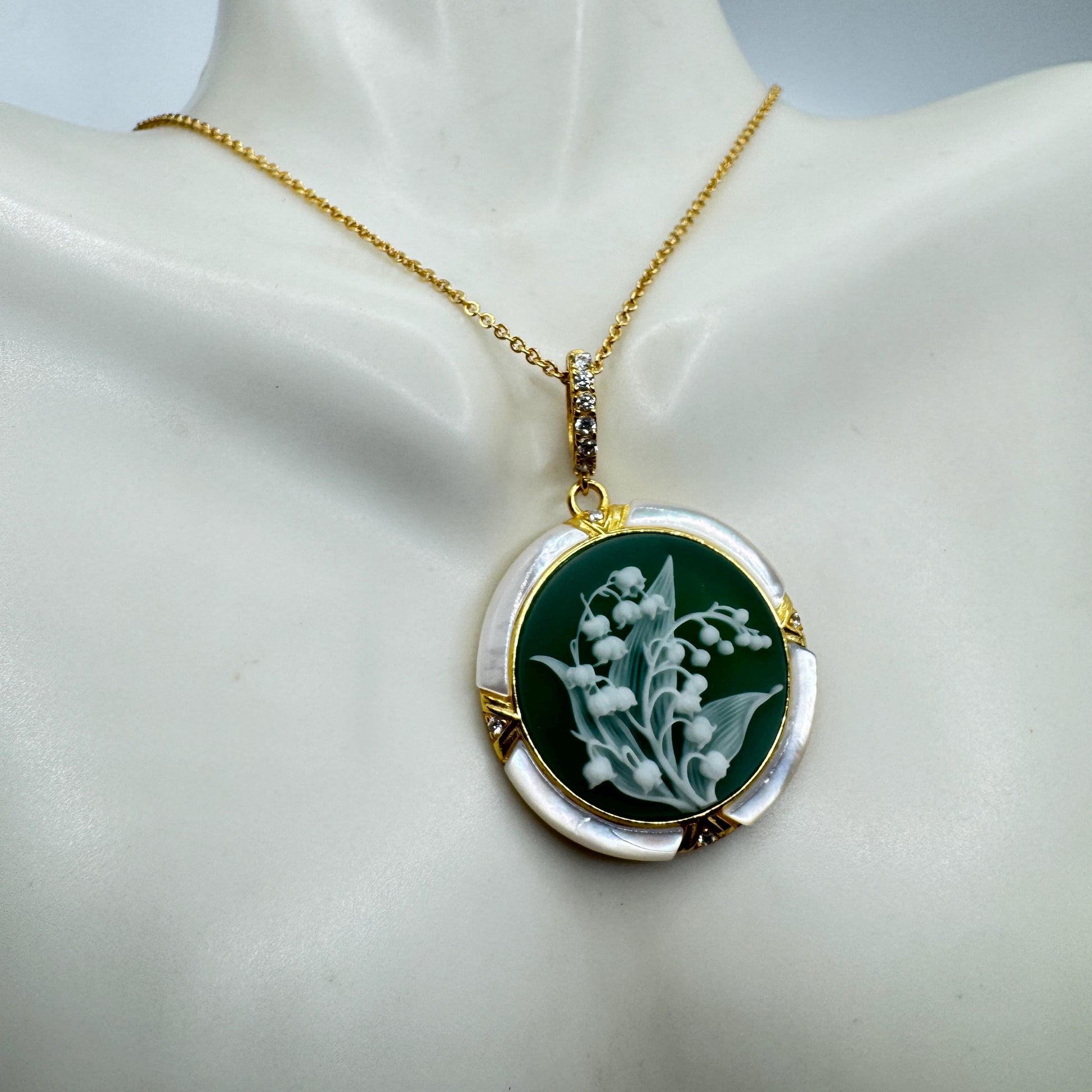 Vintage Lily of the Valley Green Onyx Cameo Choker 925 Sterling Silver Necklace