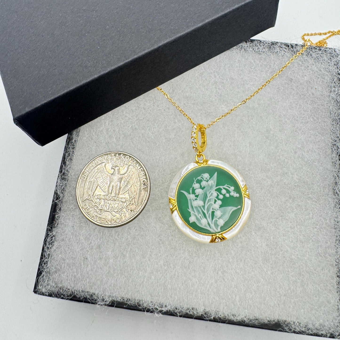 Vintage Lily of the Valley Green Onyx Cameo Choker 925 Sterling Silver Necklace