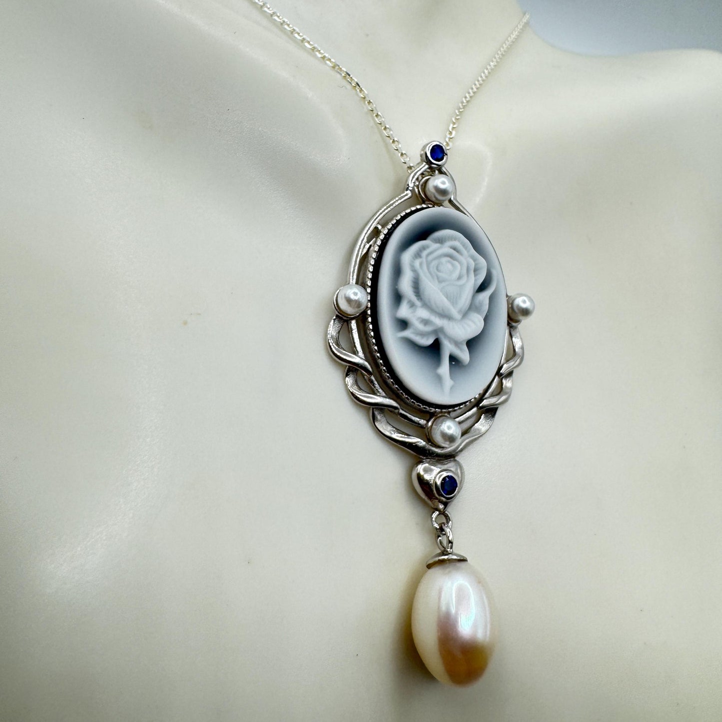 Vintage Rose Flower Cameo Yellow Golden 925 Sterling Silver Necklace Choker