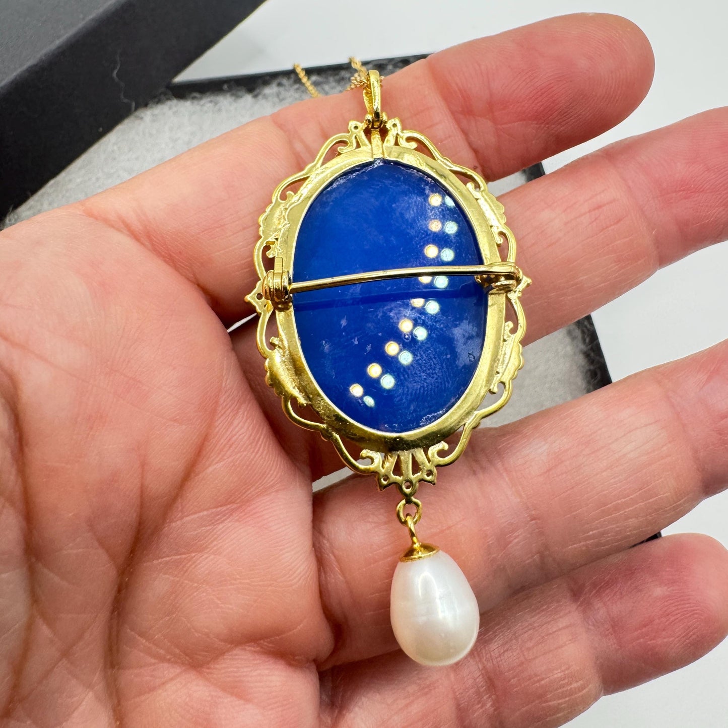 Vintage Blue Onyx 3 Graces Cameo Golden Sterling Silver Necklace Choker Pin Brooch