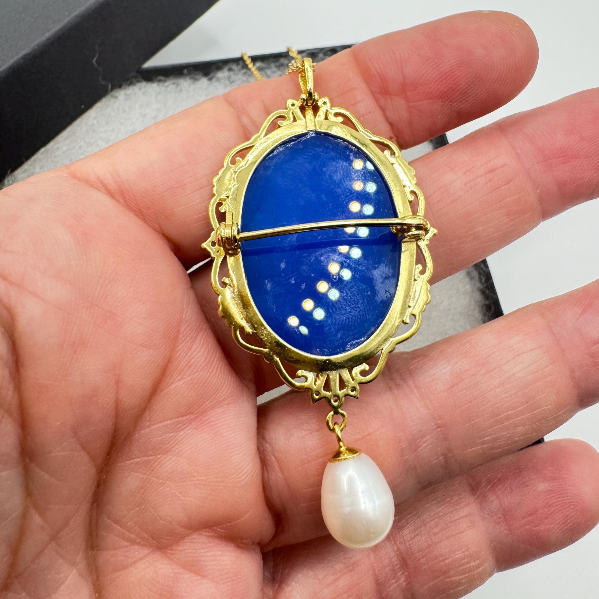 Vintage Blue Onyx 3 Graces Cameo Golden Sterling Silver Necklace Choker Pin Brooch