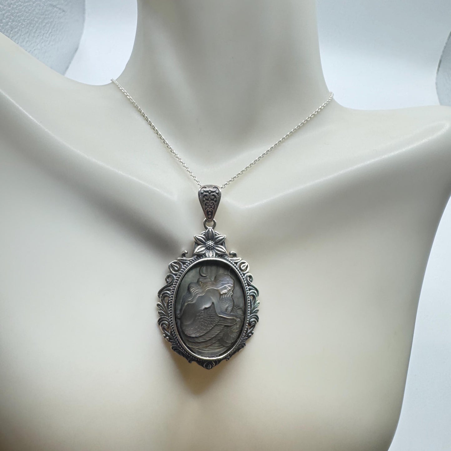 Vintage Mother of Pearl Mermaid Cameo Sterling Silver Necklace Choker