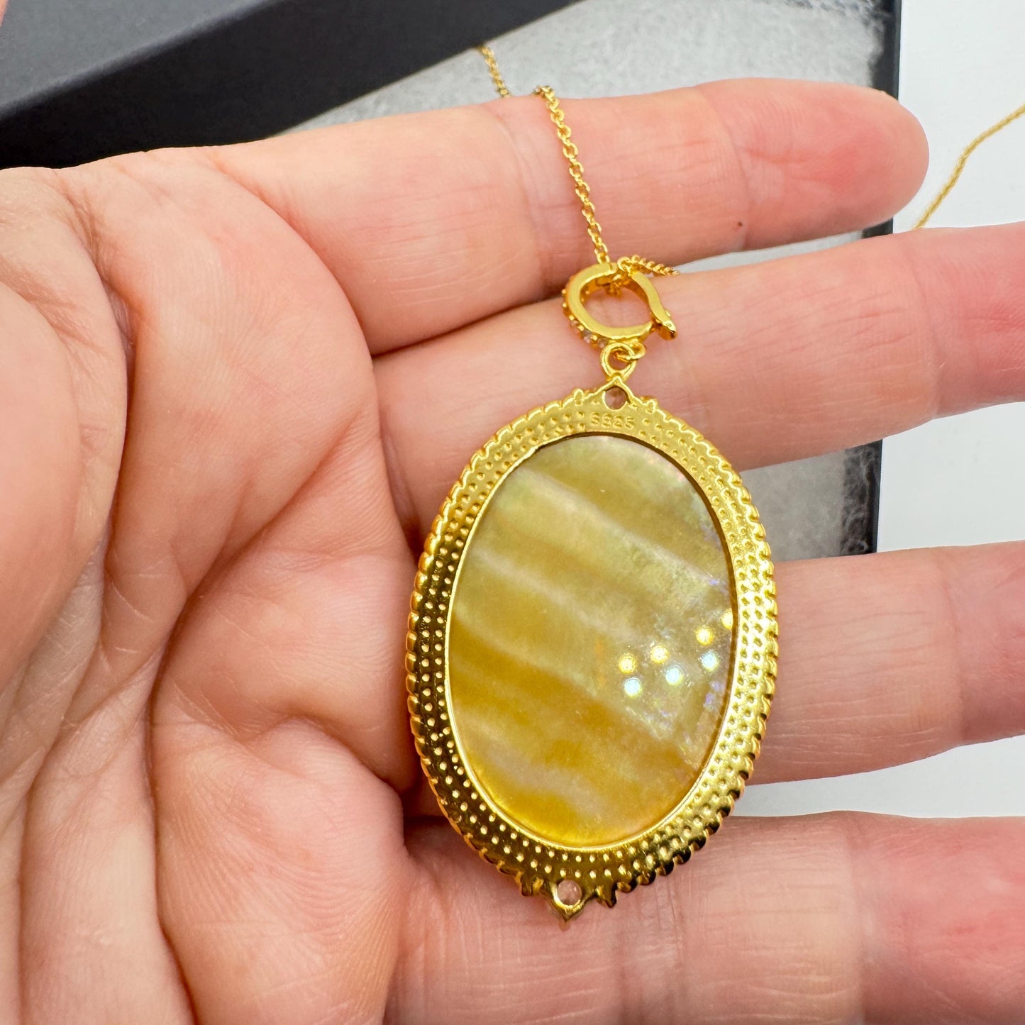 Vintage Mother of Pearl Mermaid Cameo Golden Sterling Silver Necklace Choker