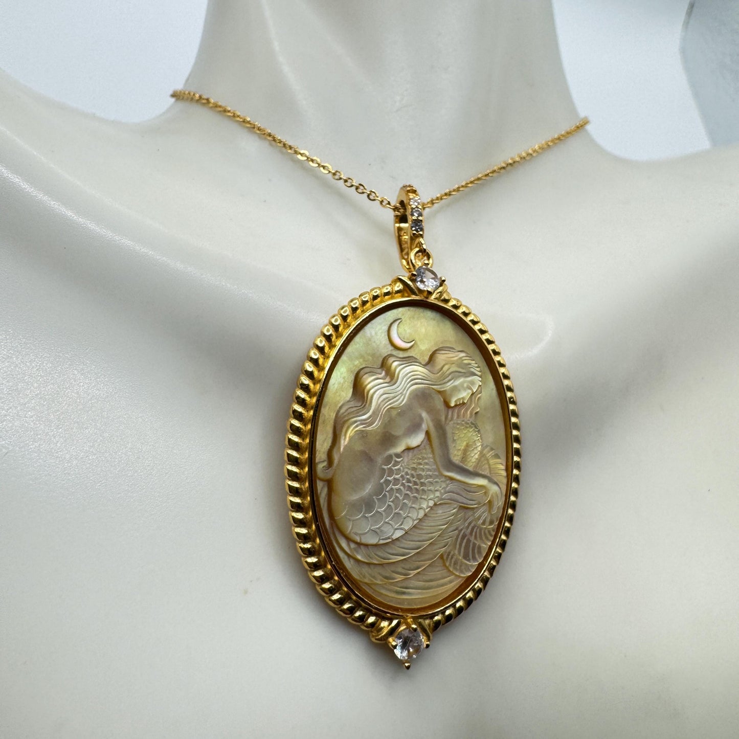 Vintage Mother of Pearl Mermaid Cameo Golden Sterling Silver Necklace Choker