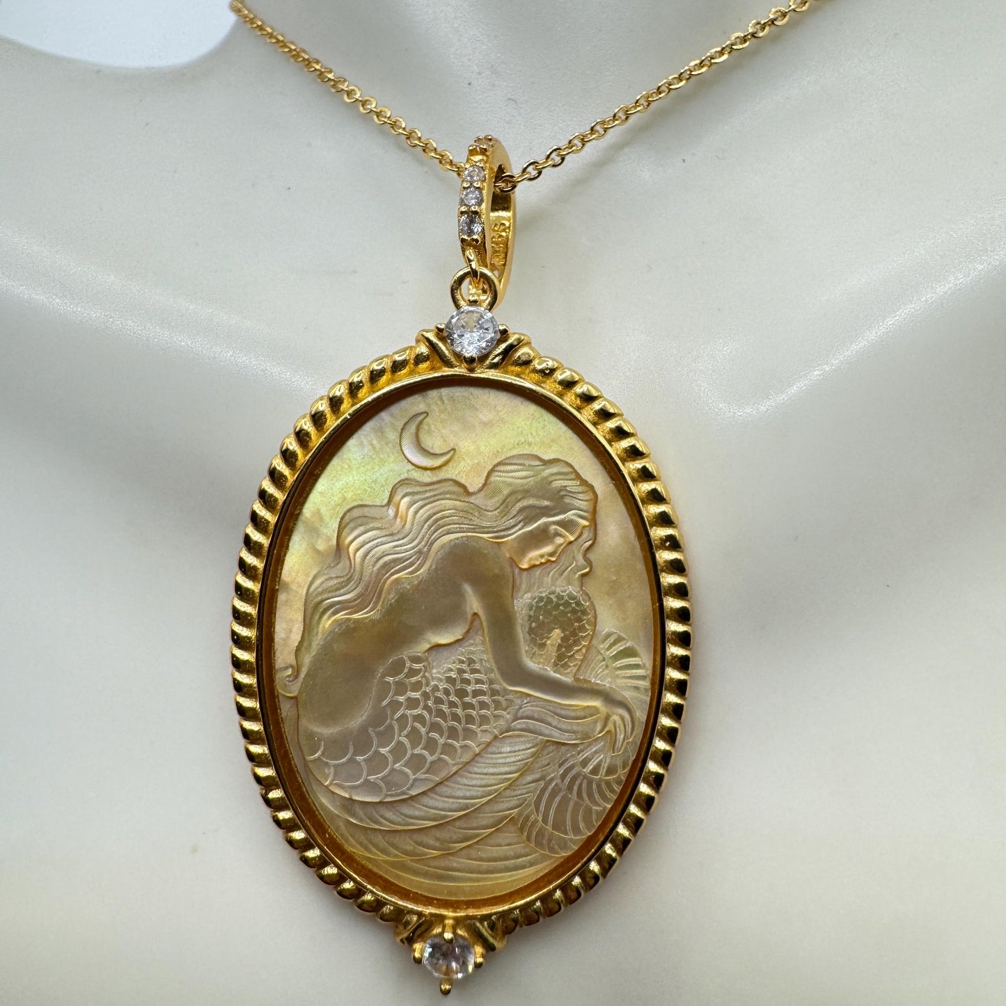 Vintage Mother of Pearl Mermaid Cameo Golden Sterling Silver Necklace Choker