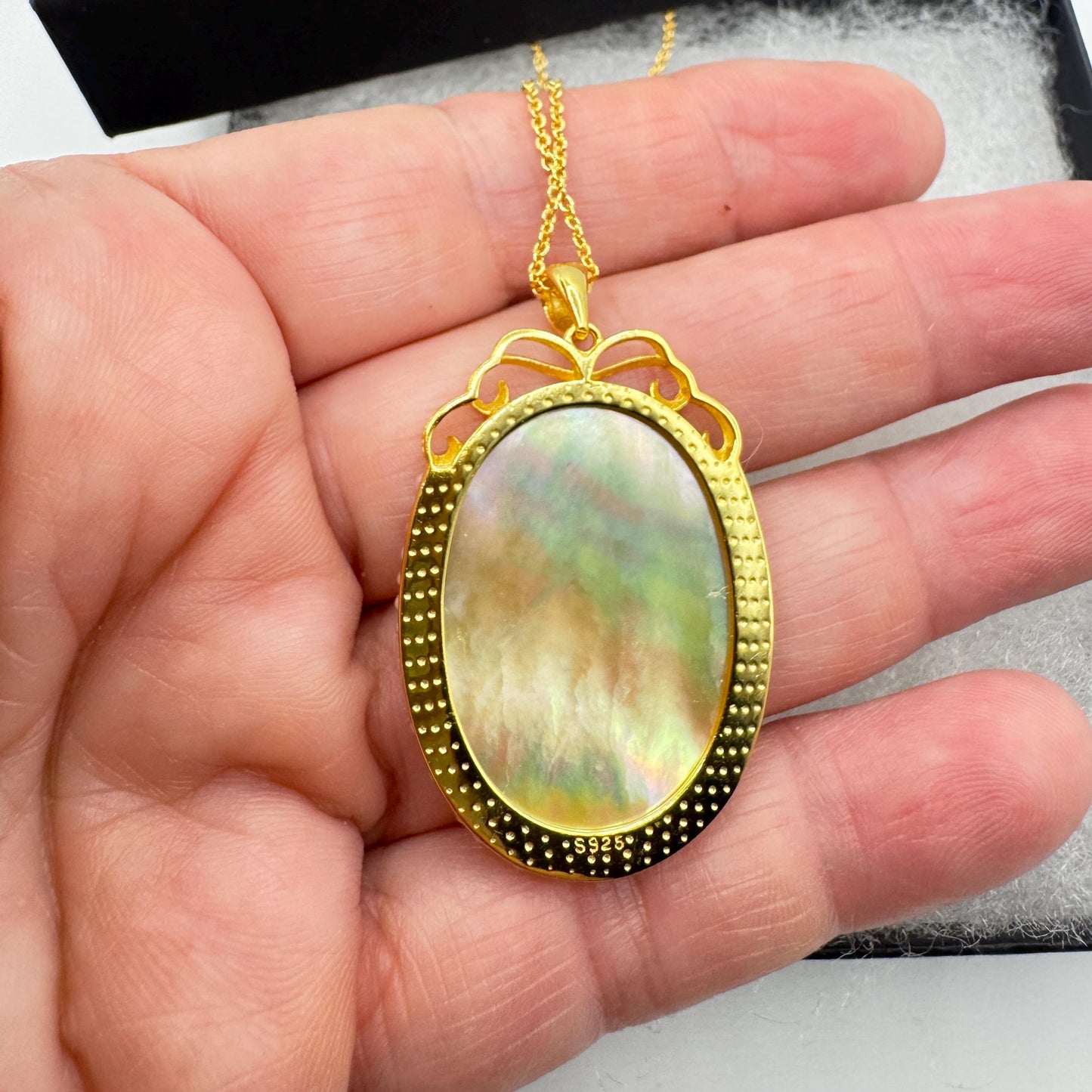 Vintage Mother of Pearl Mermaid Cameo Golden Sterling Silver Necklace Choker