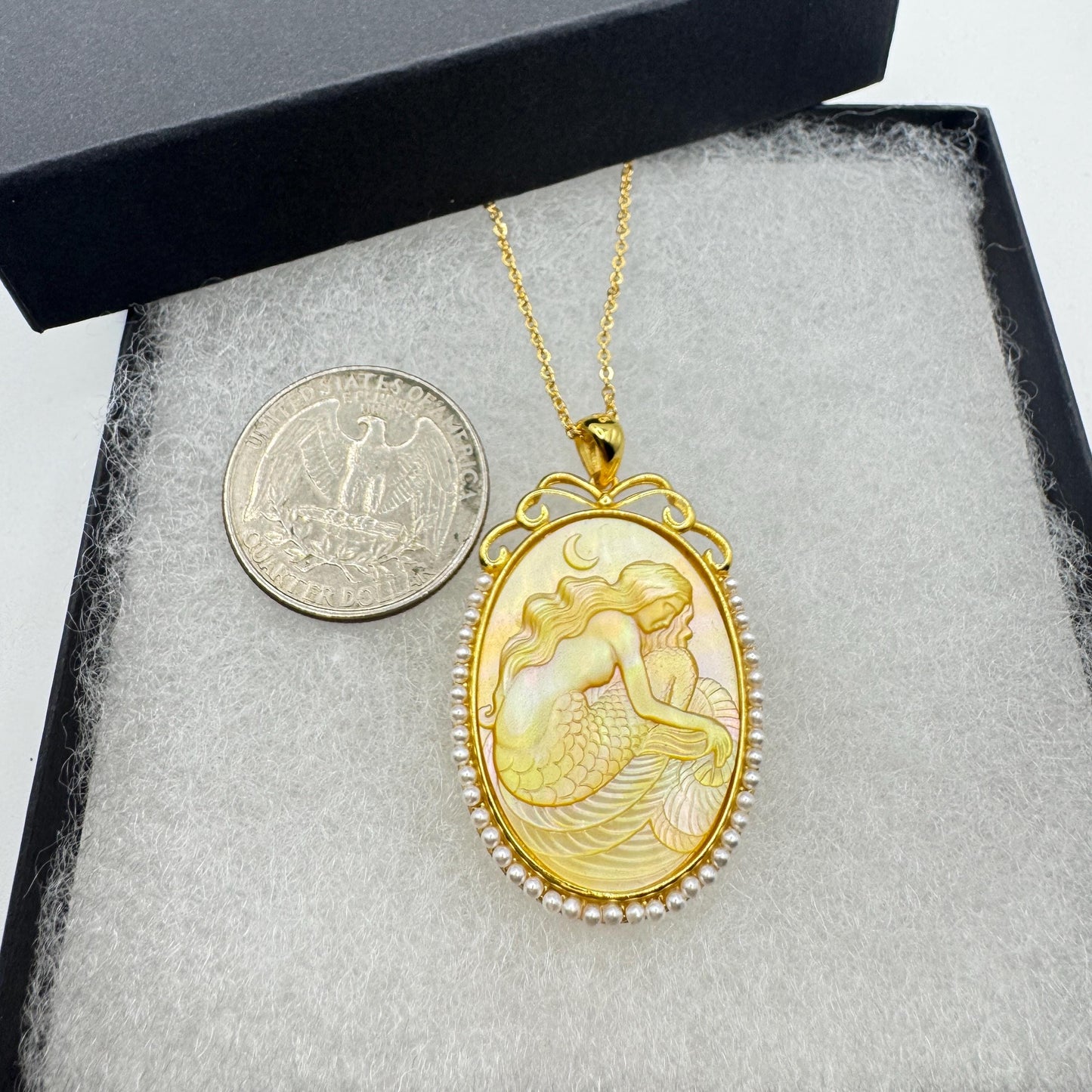 Vintage Mother of Pearl Mermaid Cameo Golden Sterling Silver Necklace Choker