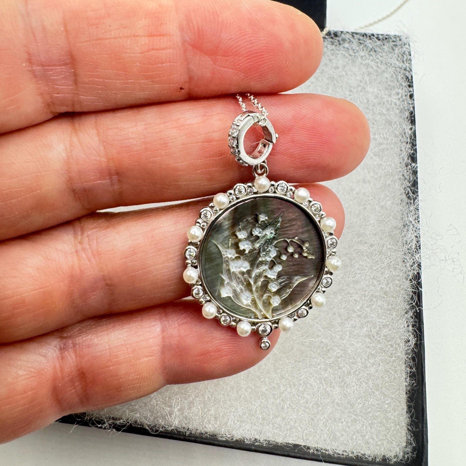 Vintage Lily of the Valley Blue Abalone Cameo Choker 925 Sterling Silver Necklace