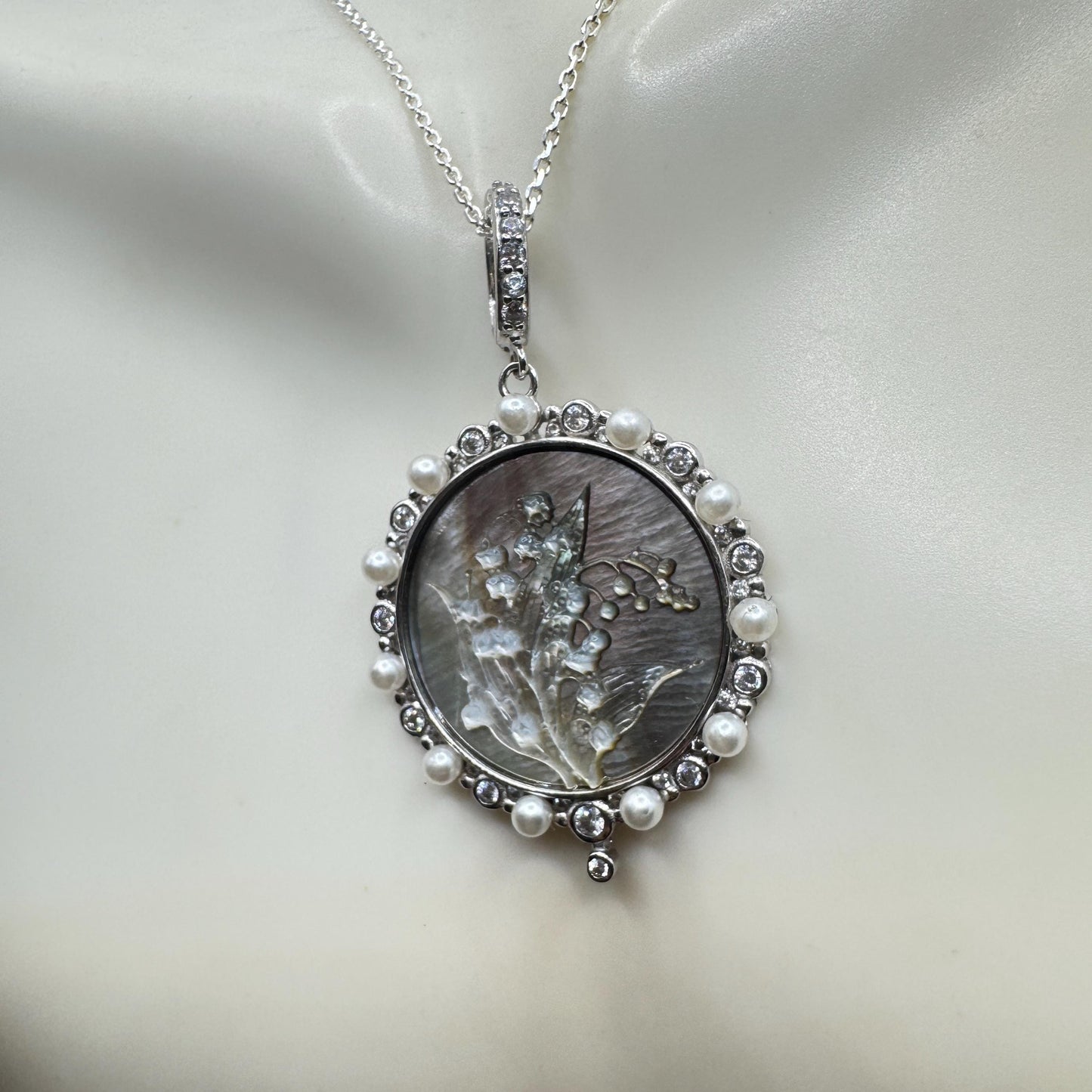 Vintage Lily of the Valley Blue Abalone Cameo Choker 925 Sterling Silver Necklace