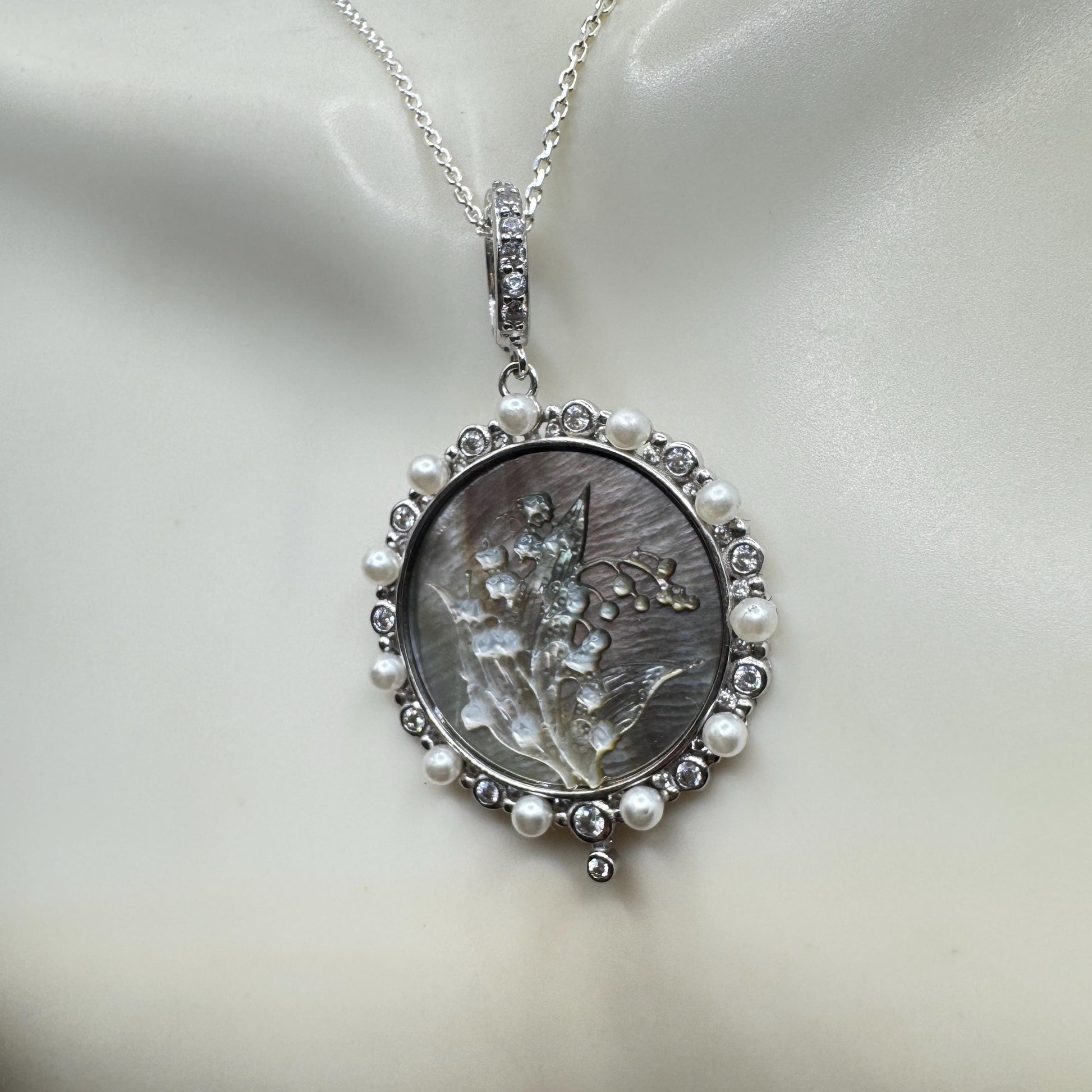 Vintage Lily of the Valley Blue Abalone Cameo Choker 925 Sterling Silver Necklace