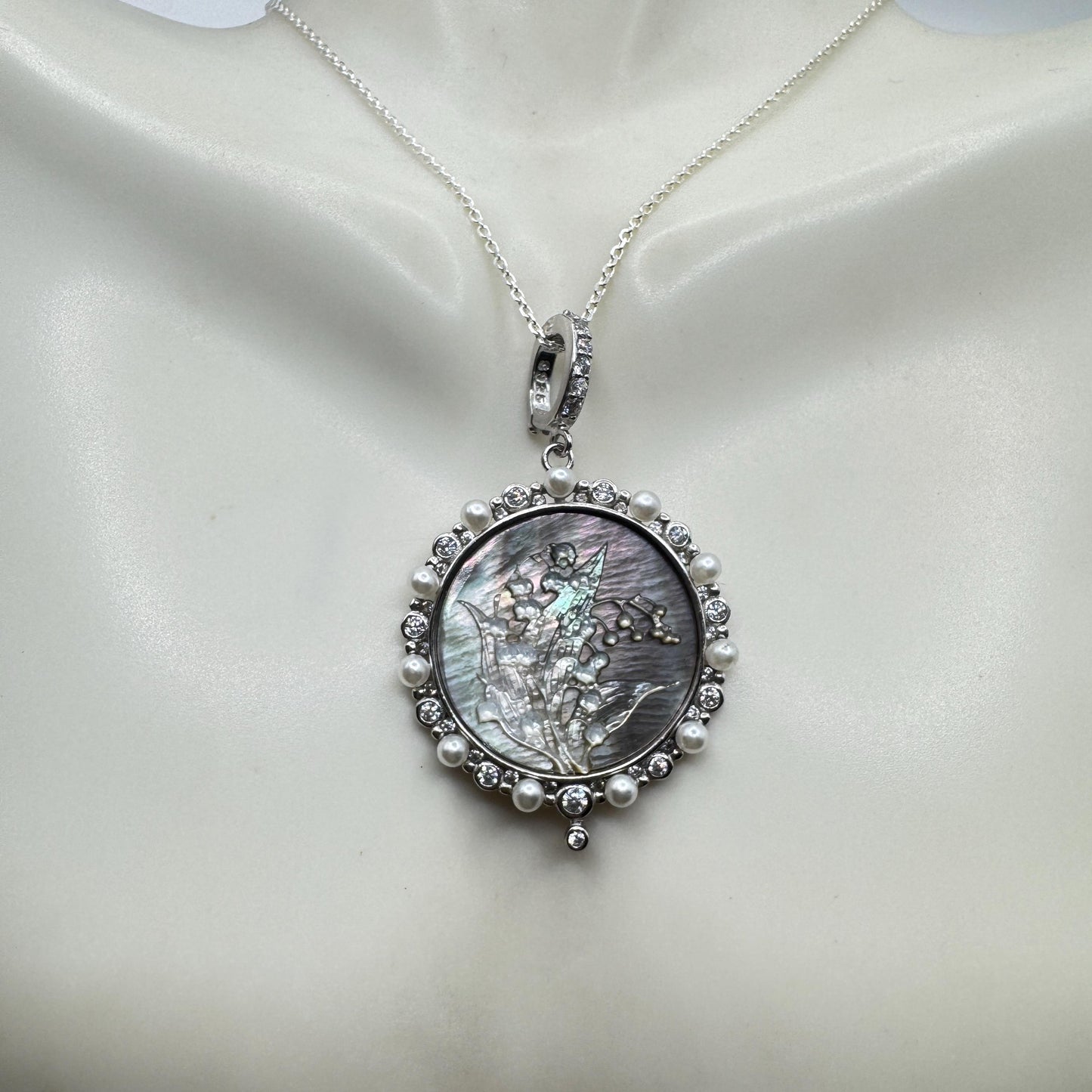 Vintage Lily of the Valley Blue Abalone Cameo Choker 925 Sterling Silver Necklace