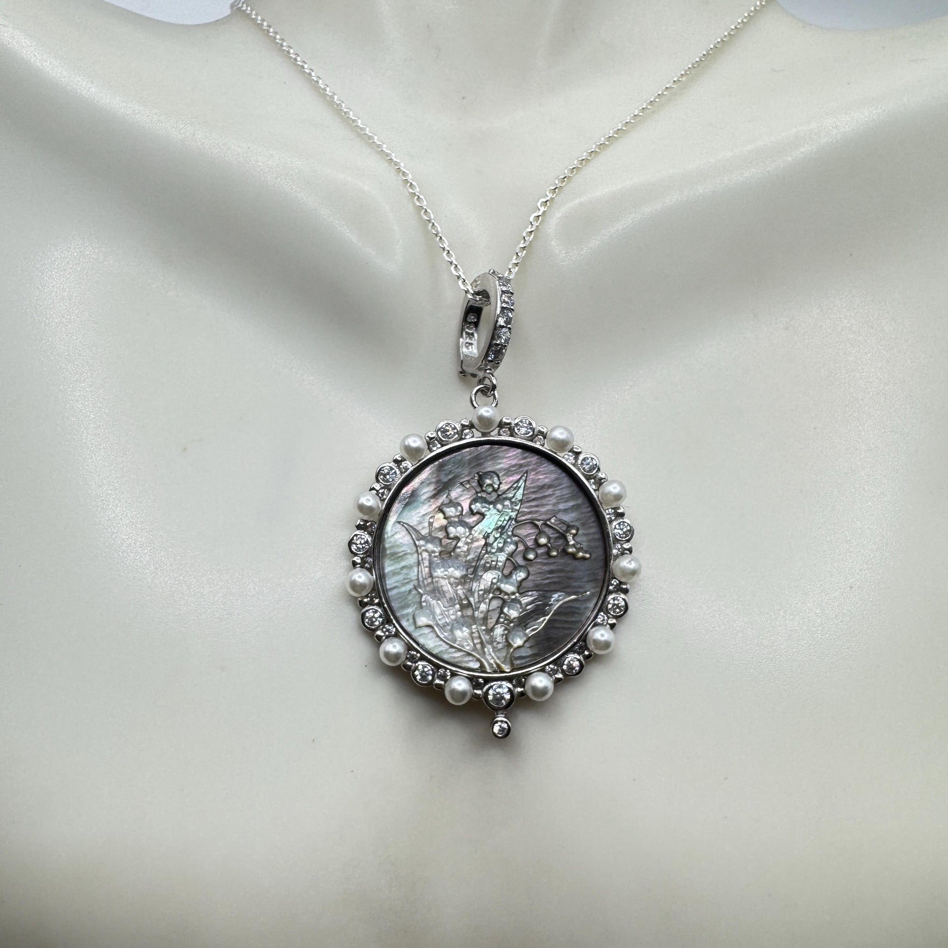Vintage Lily of the Valley Blue Abalone Cameo Choker 925 Sterling Silver Necklace
