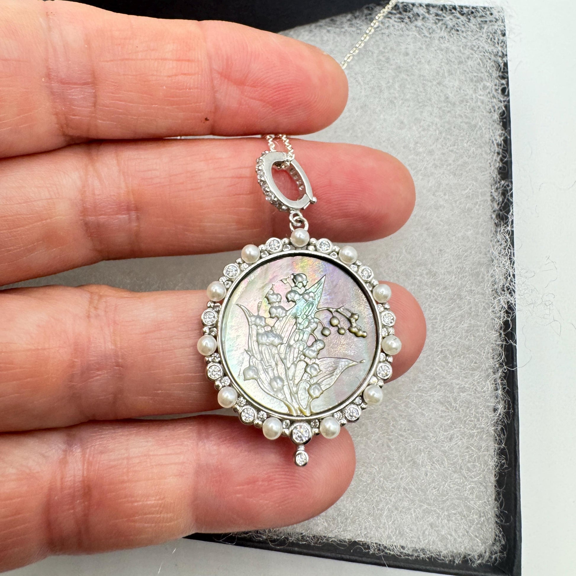 Vintage Lily of the Valley Blue Abalone Cameo Choker 925 Sterling Silver Necklace