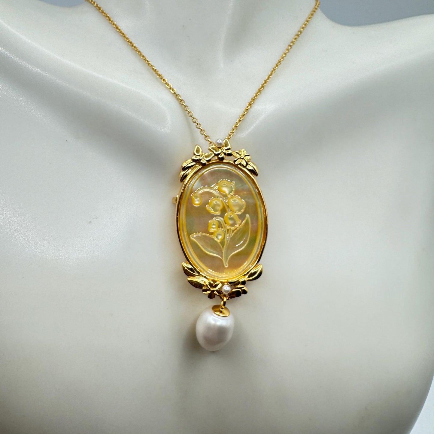 Vintage Lily of the Valley Abalone Cameo Choker 925 Sterling Silver Necklace Pin Brooch