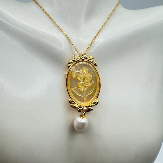Vintage Lily of the Valley Abalone Cameo Choker 925 Sterling Silver Necklace Pin Brooch