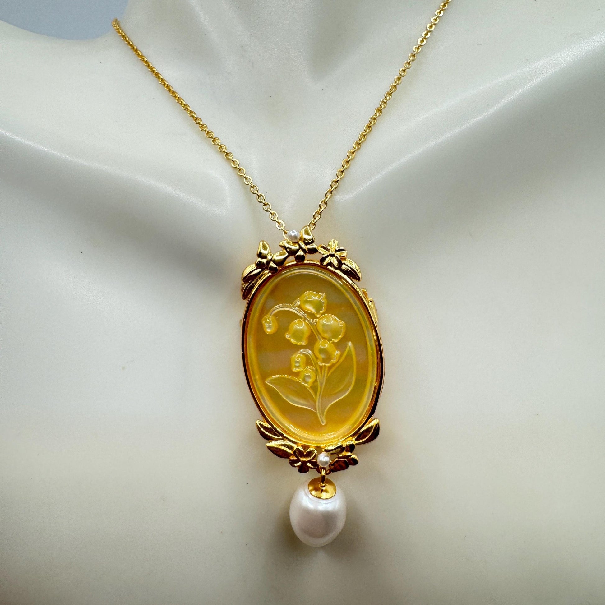 Vintage Lily of the Valley Abalone Cameo Choker 925 Sterling Silver Necklace Pin Brooch