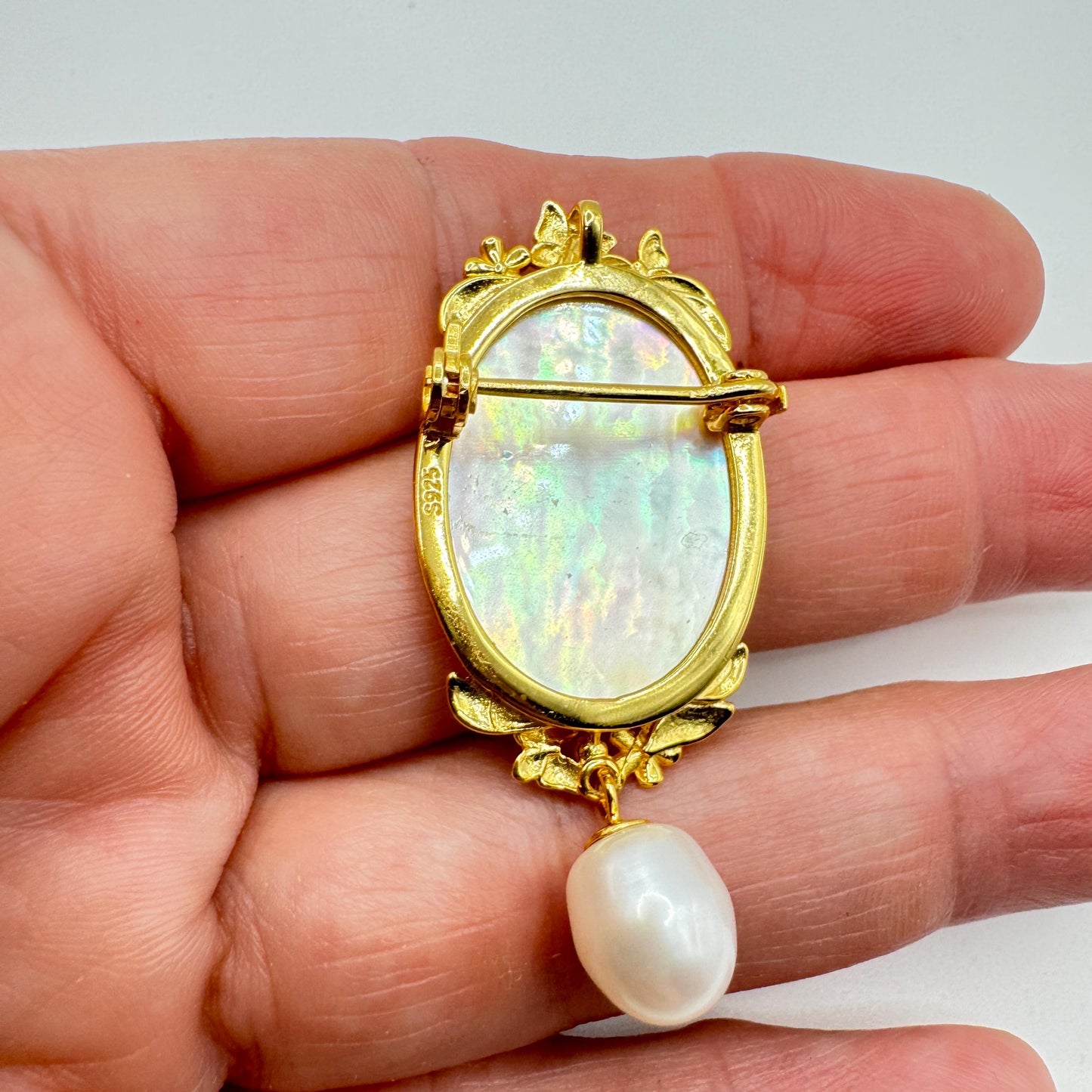 Vintage Lily of the Valley Abalone Cameo Choker 925 Sterling Silver Necklace Pin Brooch