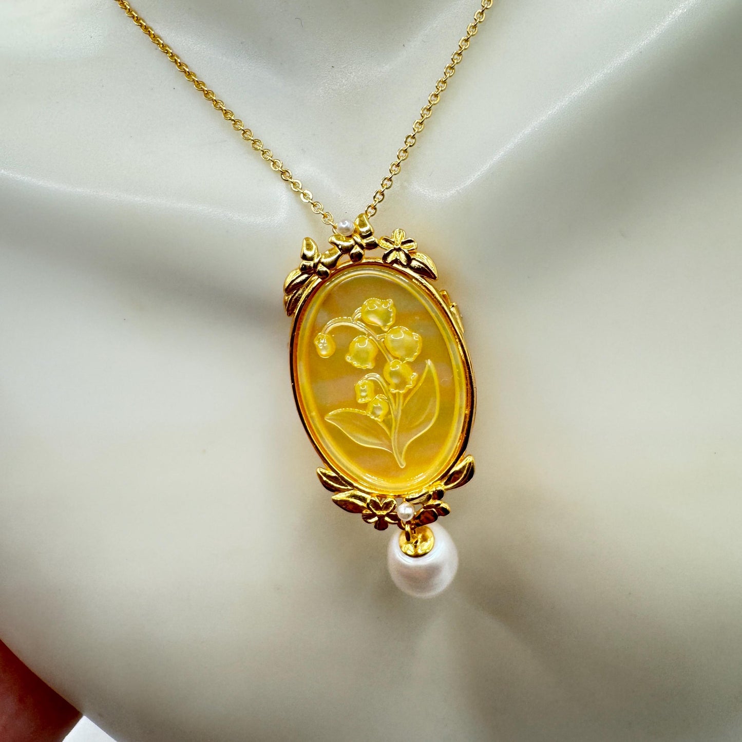 Vintage Lily of the Valley Abalone Cameo Choker 925 Sterling Silver Necklace Pin Brooch