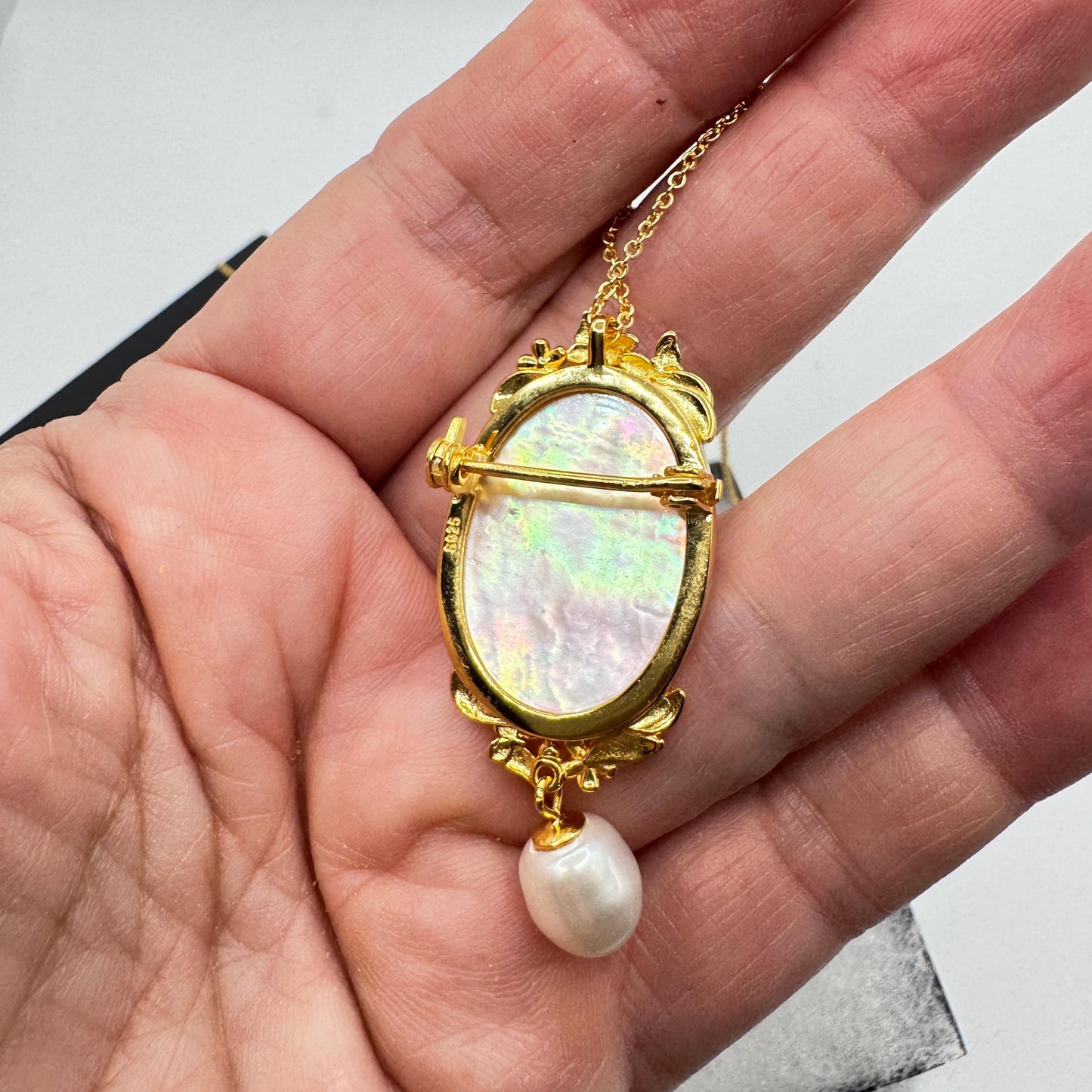 Vintage Lily of the Valley Abalone Cameo Choker 925 Sterling Silver Necklace Pin Brooch