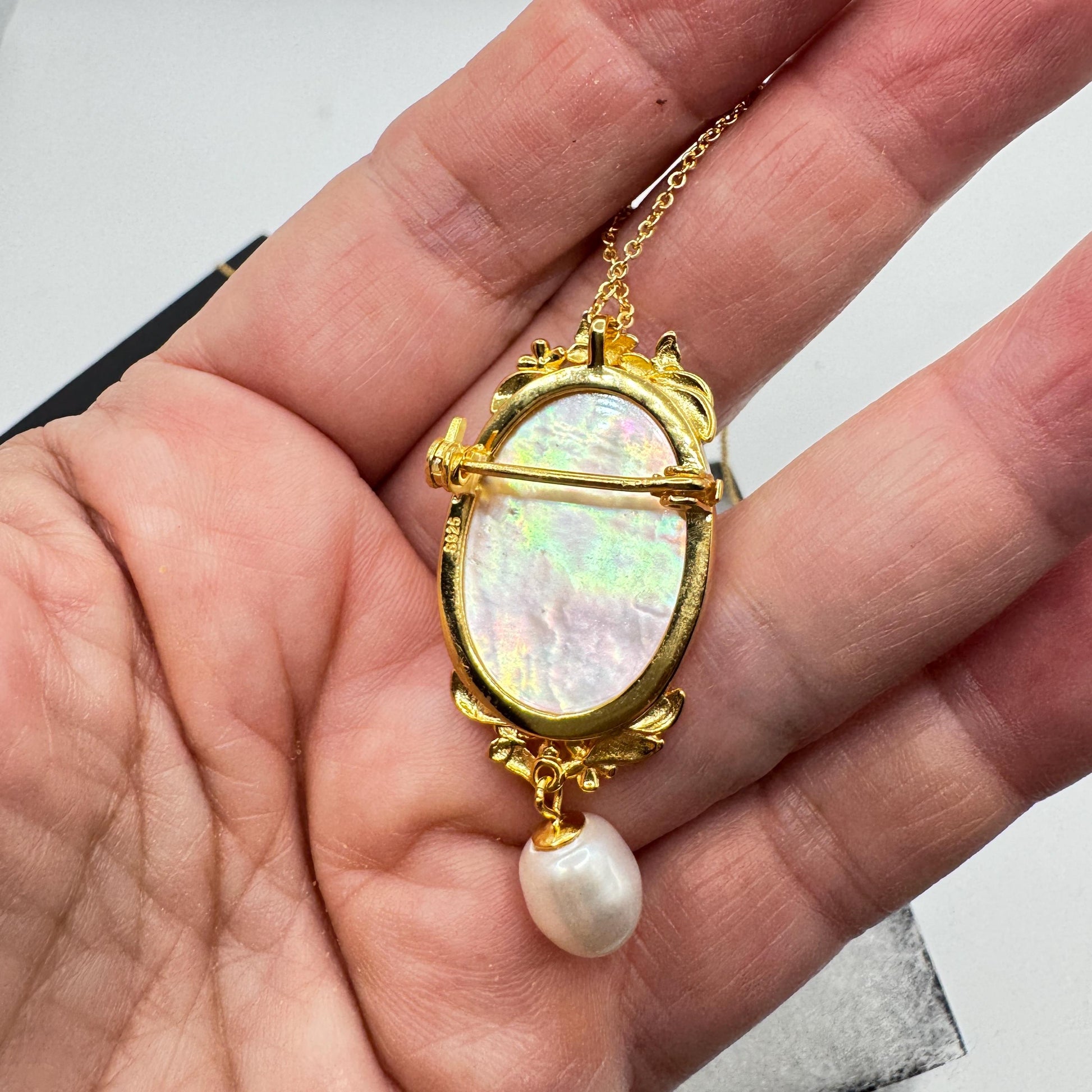 Vintage Lily of the Valley Abalone Cameo Choker 925 Sterling Silver Necklace Pin Brooch