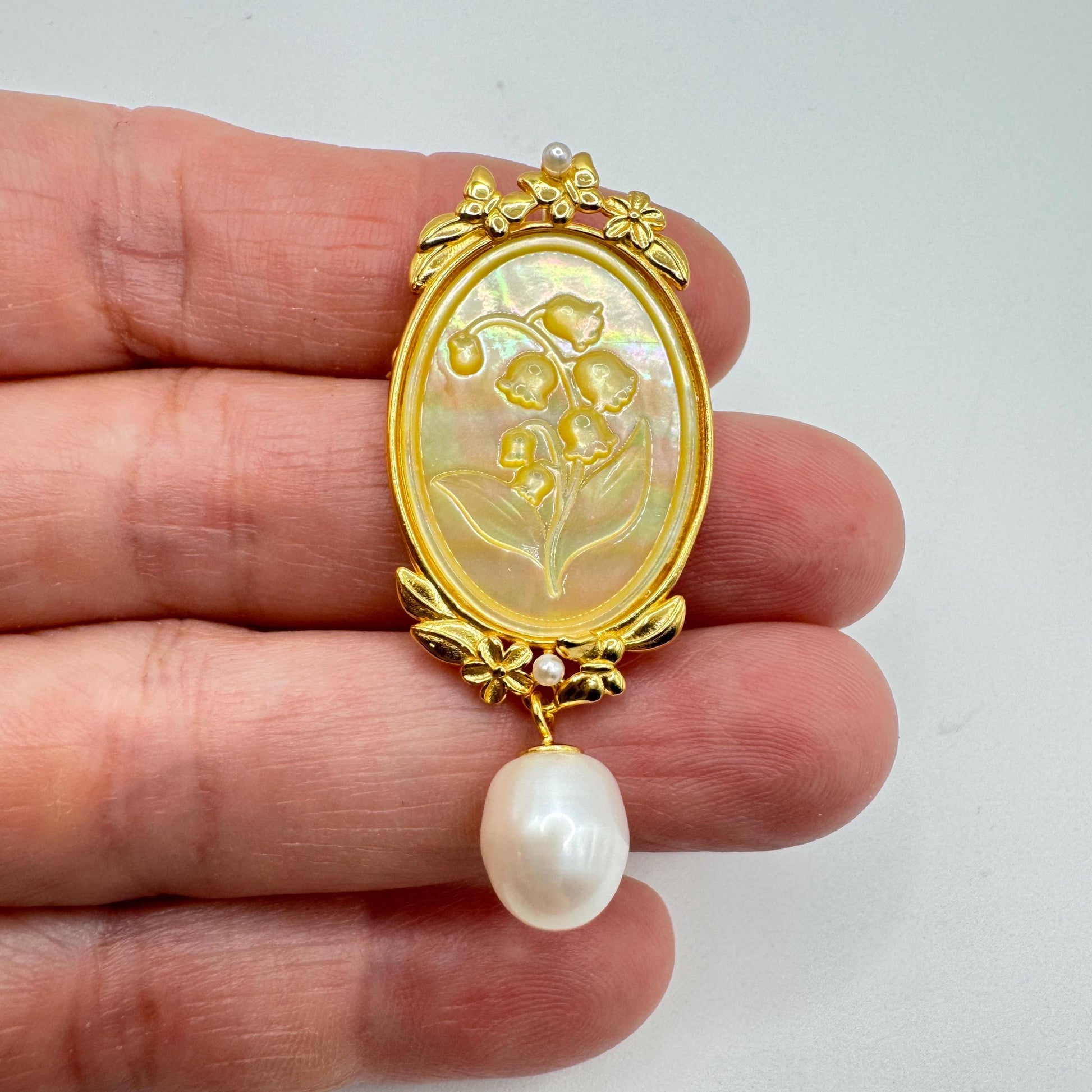 Vintage Lily of the Valley Abalone Cameo Choker 925 Sterling Silver Necklace Pin Brooch