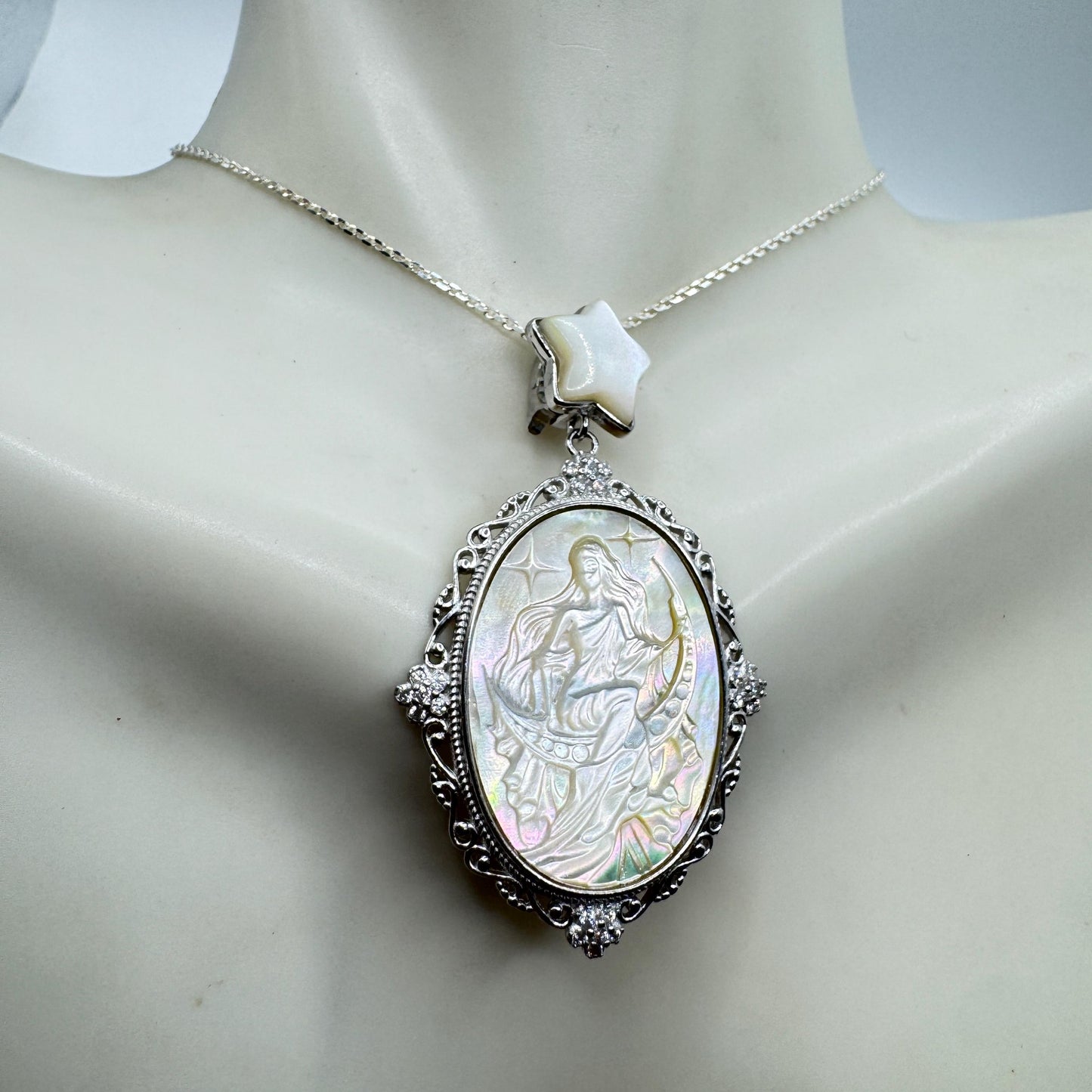Vintage Moon Goddess Genuine Abalone Cameo Golden Sterling Silver Necklace